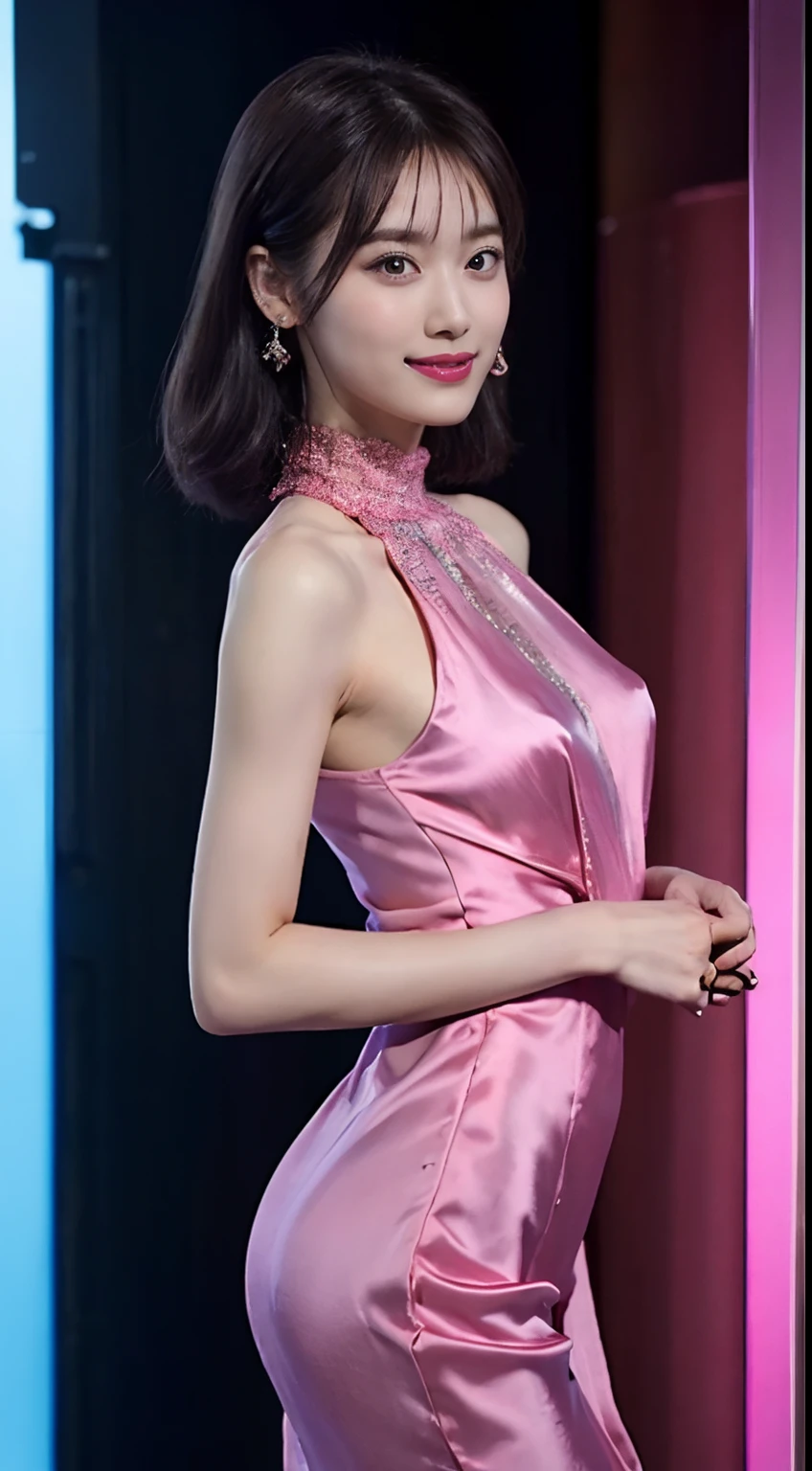 8K, masutepiece, Raw photo, Best Quality, Photorealistic, Highly detailed CG unifies wallpapers in 8K, depth of fields, Cinematic Light, Lens Flare, Ray tracing, (Extremely beautiful face, Beautiful lips, Beautiful eyes), intricate detail face, ((Ultra detailed skin)) 1girll, In the Dark, deepshadow, Pretty Korean girl, Kpop Idol, 1 girl, (very slim and slender muscular body:1.3), ((view the viewer)),(Big smile:1.3), (Fashion Night, a dark night, (Neon Light Sign), (Blurred background), Fashion Street Night),(No one is in the background:1.3), Beautiful earrings, bangle, Necklace, pantyhose, Clear eyes, Walking, (pale skin), (Big eyes), Face forward, (Brown hairs), (Full body shot), ((High Neck Silk Hot Pink Dress:1.3)), ((High Neck Tight Fit Dress)), ((High Neck Lace Dress)), (view the viewer:1.3) opened breast, Very slim, medium breasts, turn back, (Back shot), ass forcus, Before the eyebrows,(Tight Dress), thick thighs