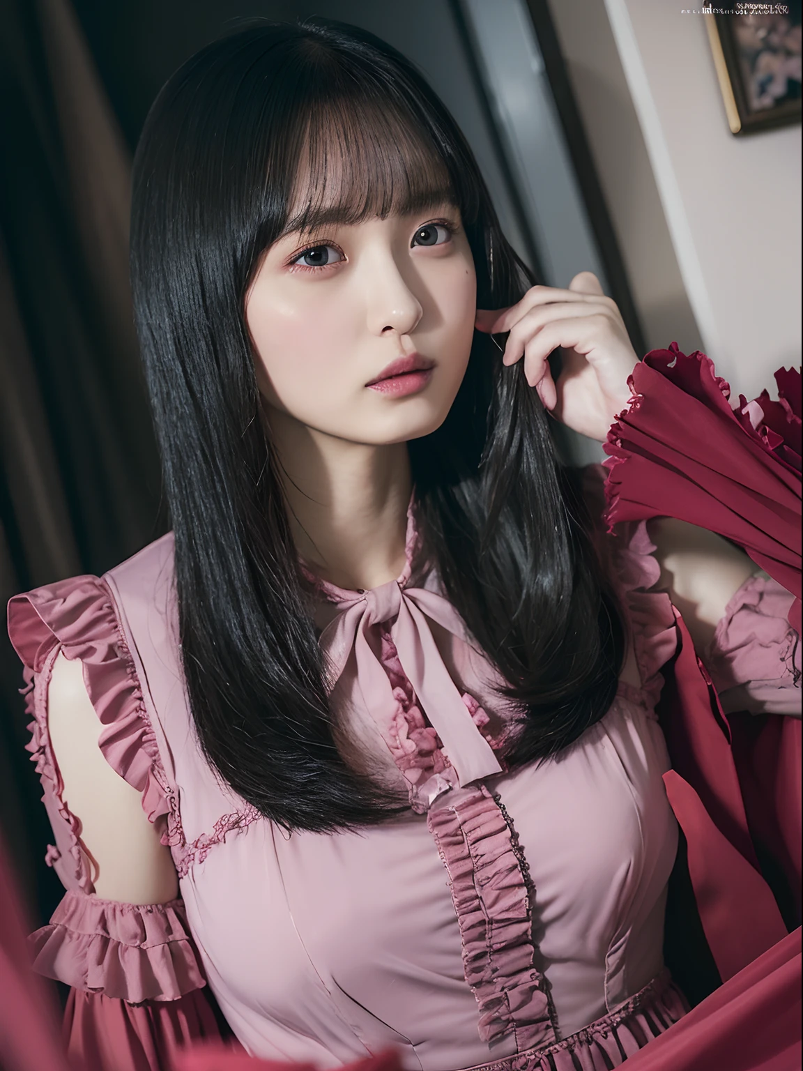 (masutepiece, Best Quality), (absurderes), (Illustration:1.2), (ultra-detailliert, 8K, 超A high resolution:1.2), 1girl in, 年轻, Cinematic, (Dynamic Pose:1.2), frilly dress, gothic room, light, Tearing portraits