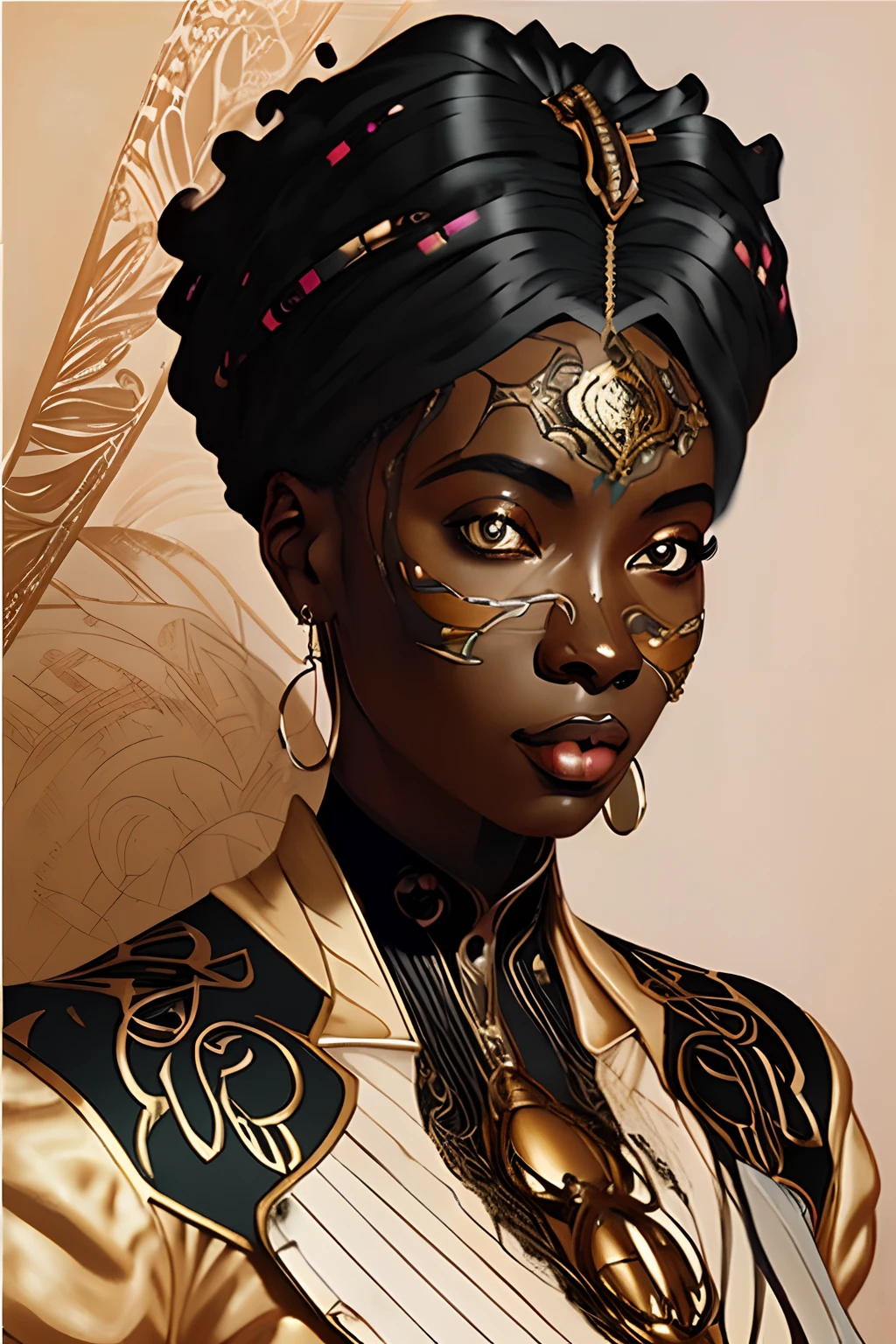a digital illustration of black african woman in the style of Art Nouveau, steampunk, anime, pretty face, large scale, realistic proportions, highly detailed, smooth, sharp focus, 8k, ray tracing, digital painting, concept art illustration, by artgerm, trending on artstation, sony a1