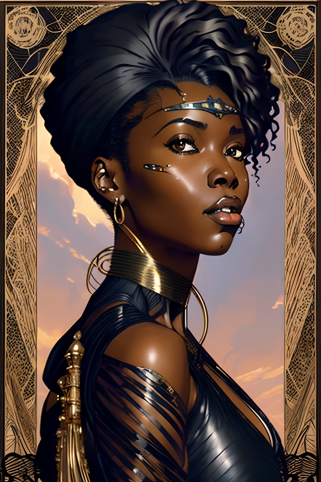 a digital illustration of black african woman in the style of Art Nouveau, steampunk, anime, pretty face, large scale, realistic proportions, highly detailed, smooth, sharp focus, 8k, ray tracing, digital painting, concept art illustration, by artgerm, trending on artstation, sony a1