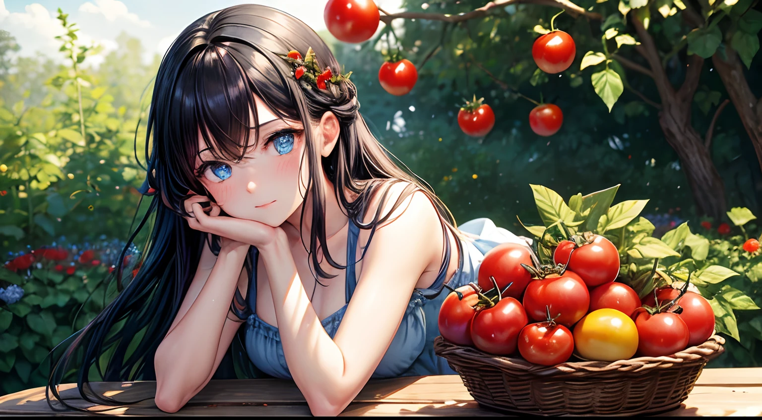 blue eyes black hair girl with a pile of tomatoes on a table in a garden, tomatoes, forest gump tomato body, ❤🔥🍄🌪, also tomato, tomato, tomato monster, stunning image, tomatoes hanging on branches, abundant fruition seeds, also one tomato slice, tomato splatter, focus stacking, photoshoot, wonderful masterpiece, tomato sauce, beautiful image, elaborate composition