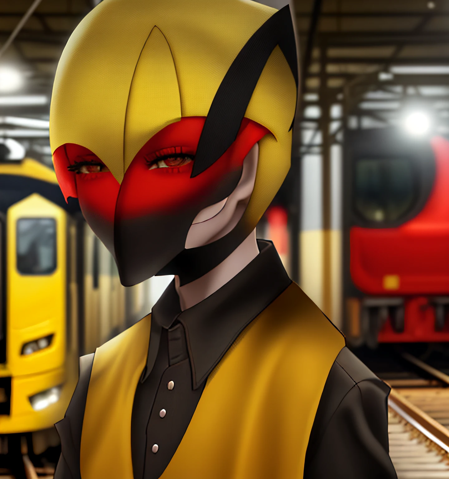 Capacete amarelo, olho vermelho, roupa preta, Scenery Train Station,