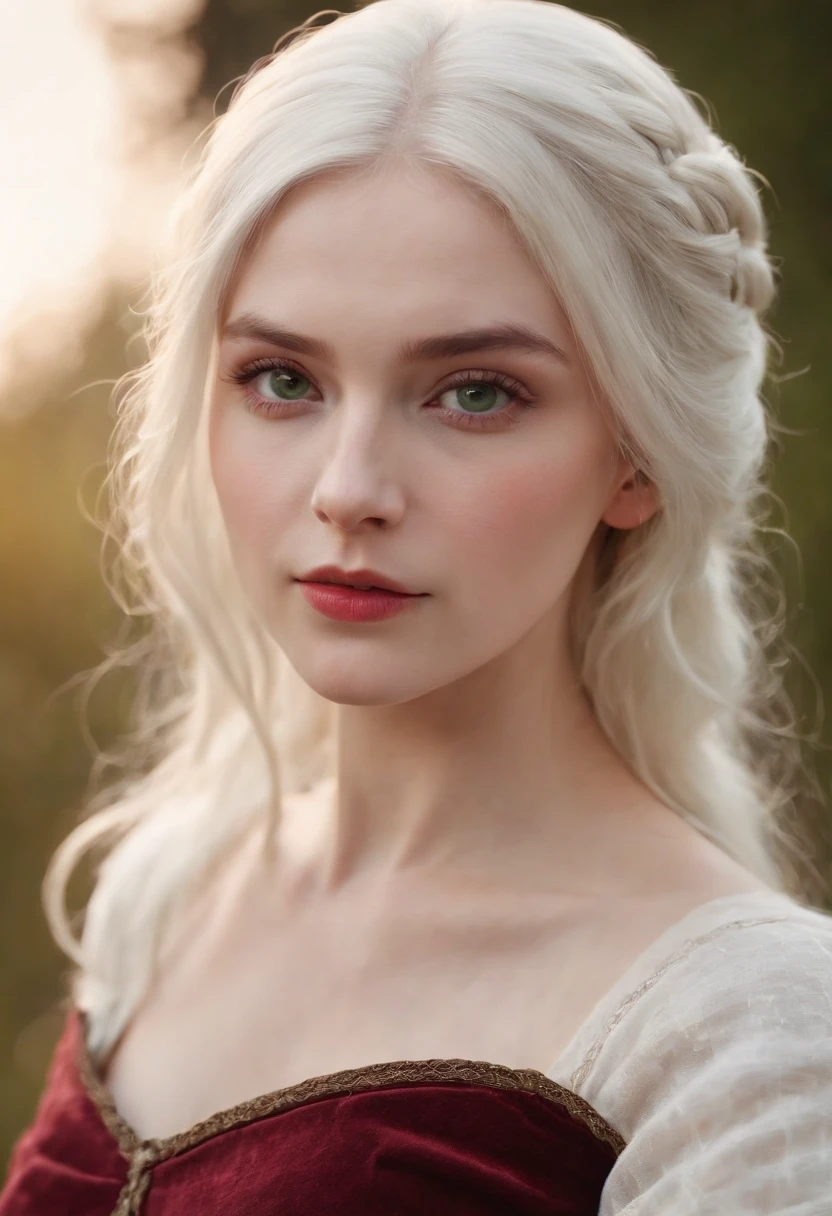 (((a deep reddish wound crosses her left cheek))) fair complexion, woman around 19 years old, natural white hair, distinctive green eyes, wearing kohl, slender and graceful, beautiful, candlelight in a medieval setting, ultra sharp focus, realistic shot, medieval female clothes, tetradic colors (scar:1.4)