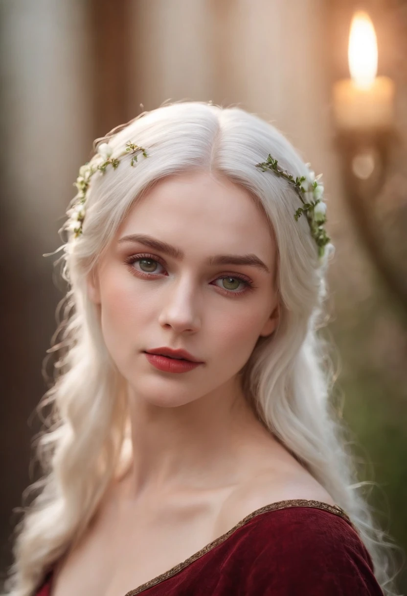 (((a deep reddish wound crosses her left cheek))) fair complexion, woman around 19 years old, natural white hair, distinctive green eyes, wearing kohl, slender and graceful, beautiful, candlelight in a medieval setting, ultra sharp focus, realistic shot, medieval female clothes, tetradic colors (scar:1.4)