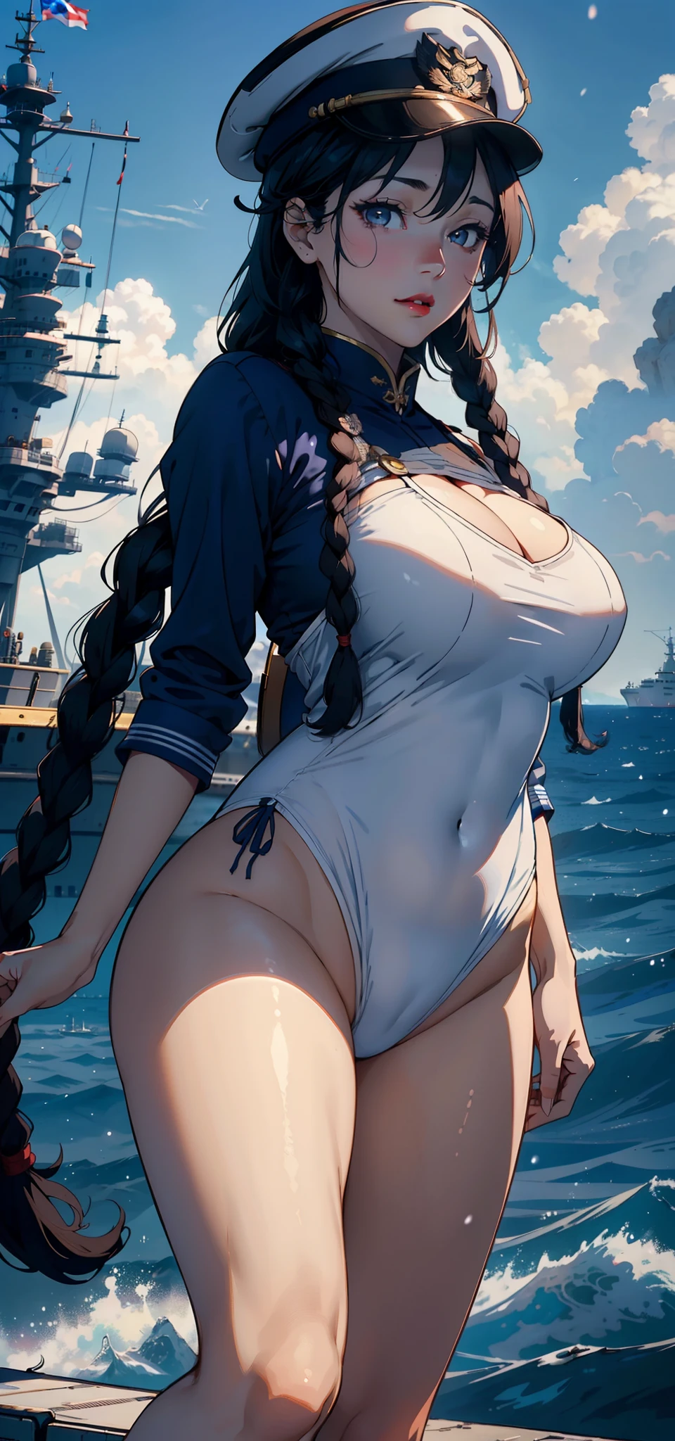 1female,35yo,plumw,extremely large bosom,Big breasts Thin waist,Long legs, 独奏,(Background with:aircraft carrier,Mare,airships,warships),legs are open,, with his long black hair,Twist braids,Stand on a warship,seen from the front, , mostly cloudy sky,(((tmasterpiece),(Very detailed CG unity 8K wallpaper),best qualtiy,cinmatic lighting,detailed back ground,beatiful detailed eyes,Bright pupils,Black eyes,Snow-whiteskin,Redlip(Very fine and beautiful),(Beautiful and detailed eye description),ultra - detailed,tmasterpiece,))facing at camera,A high resolution,ultra - detailed), Bulge,legs are open,Raised sexy,Camel toes,Flushed complexion,Desire for dissatisfaction,frontage,Chinese Navy,Blue and white sailor suit,Sailor's cap,Red five-pointed star logo