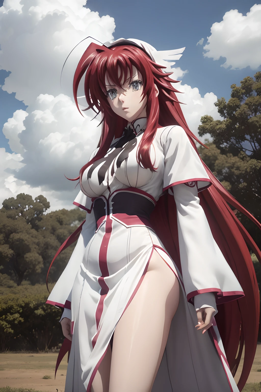 Rias Gremory dressed as an angel, Angel costume, angel costume, alas, angel wings, vestido blanco, cielo soleado, aureola, mirando al espectador,