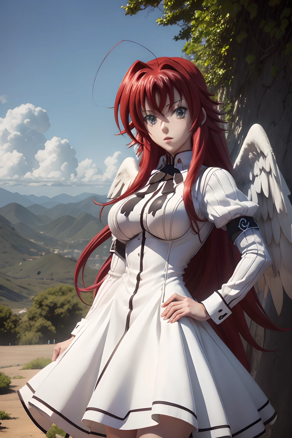 Rias Gremory dressed as an angel, Angel costume, angel costume, alas, angel wings, vestido blanco, cielo soleado, aureola, mirando al espectador,