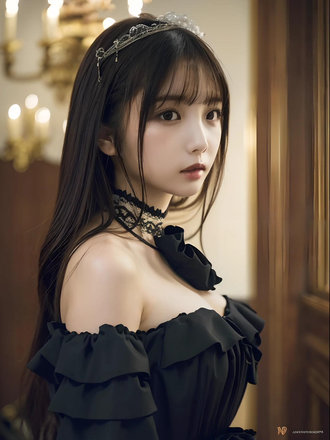 (masutepiece, Best Quality), (absurderes), (Illustration:1.2), (ultra-detailliert, 8K, 超A high resolution:1.2), 1girl in, 年轻, Cinematic, (Dynamic Pose:1.2), frilly dress, gothic room, light, Tearing portraits