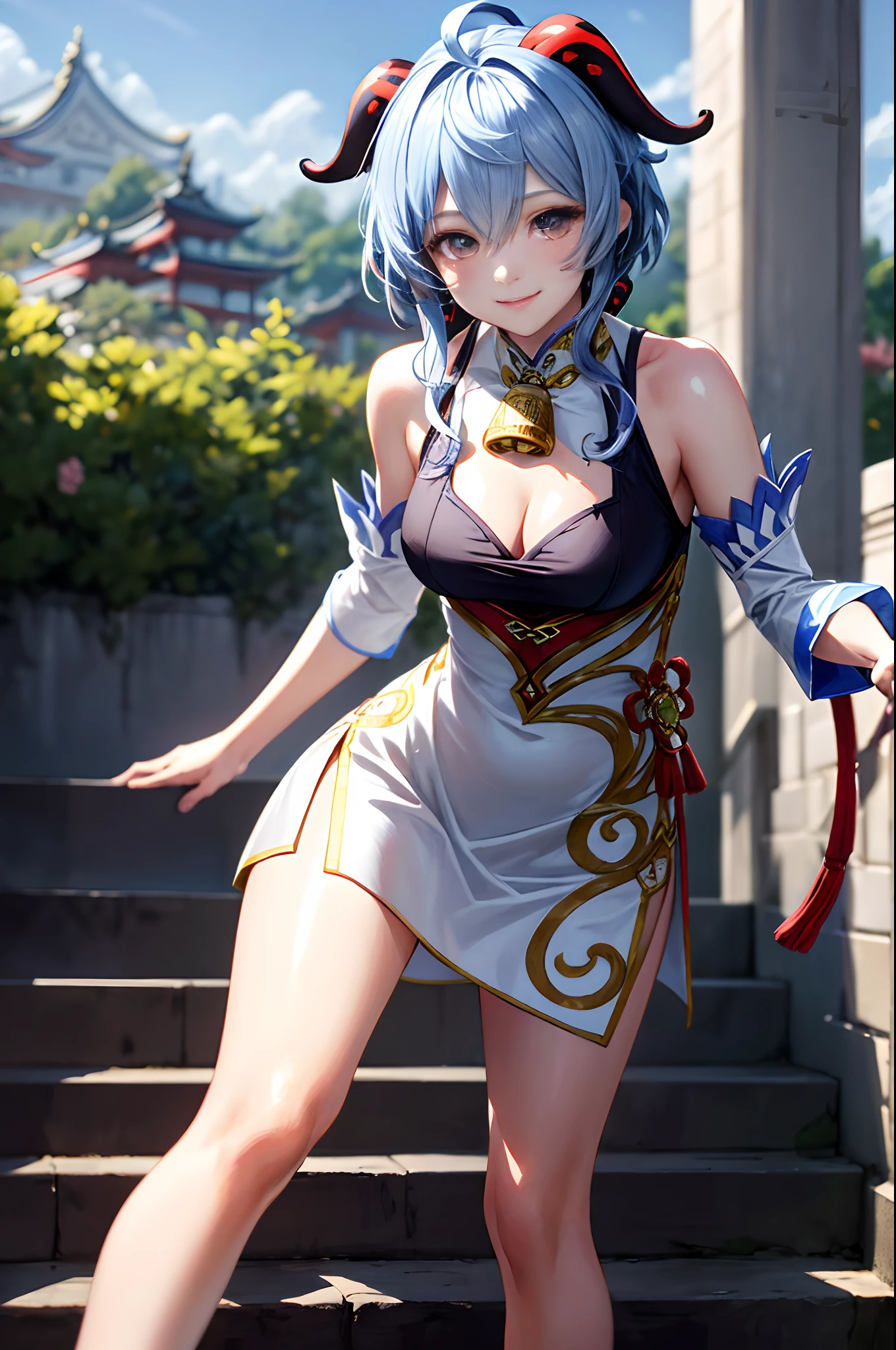 on a street, fighting stance, ganyudef, smile, blush, exteriors, In the daytime, simple background, blue-sky, short detailed hair, Sky-sky, temple, looking at viewers, stairways, mont, moody light,high-definition picture quality,Charming, smiling expression, Be red in the face, White cheongsam, Bare legged, middle rounded breast, fashion model posing, (Masterpiece, Best quality:1.4), professional artwork, intricate details, sharp focus, detail painting, photorealistic, trending on pixiv, realistic shadow,