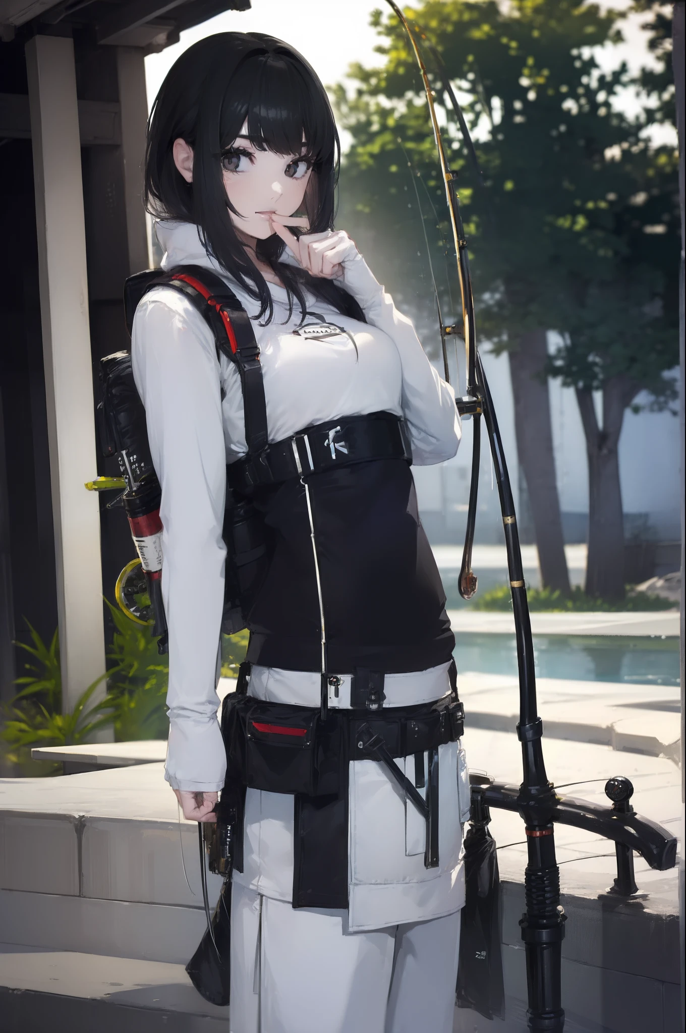 ((((Have a fishing rod with a reel:1.5)))),((Female 28 years old)),((Best Quality:1.5)),(((Fine fingers、Ratio 4 fingers and 1 thumb,detailed arms,detailed human hands))),(((Hands with the correct number and structure of fingers:1.4))),((Lakeside:1.37)),hight resolution,ultra-detailliert,masterpiece,best qualtiy,(Eight-headed body),(1 fishing rod,Holding a fishing rod in your hand,Fishing lure rod,Fishing Reels,Long Sleeve Outdoor Vest,Long pants for fishing,Big backpack),thin and long legs,Beautiful hip line,Beautiful spine,constricted back,Toned waist,beutiful breast),,Gentle smile,shiny lip,(1 fishing rod,Straight stretch fishing rod,Long fishing rod,Woman fishing with fishing rod in hand),Black hair, long eyeslashes, Solid Circle Eyes, drop shadow, Atmospheric perspective,Super Detail, ccurate, small brest,top-quality, blurry backround, bokeh dof:1.2, (masterpiece:1.3), Atmospheric perspective,Super Detail,dynamic compositions, Ultra High Quality,
