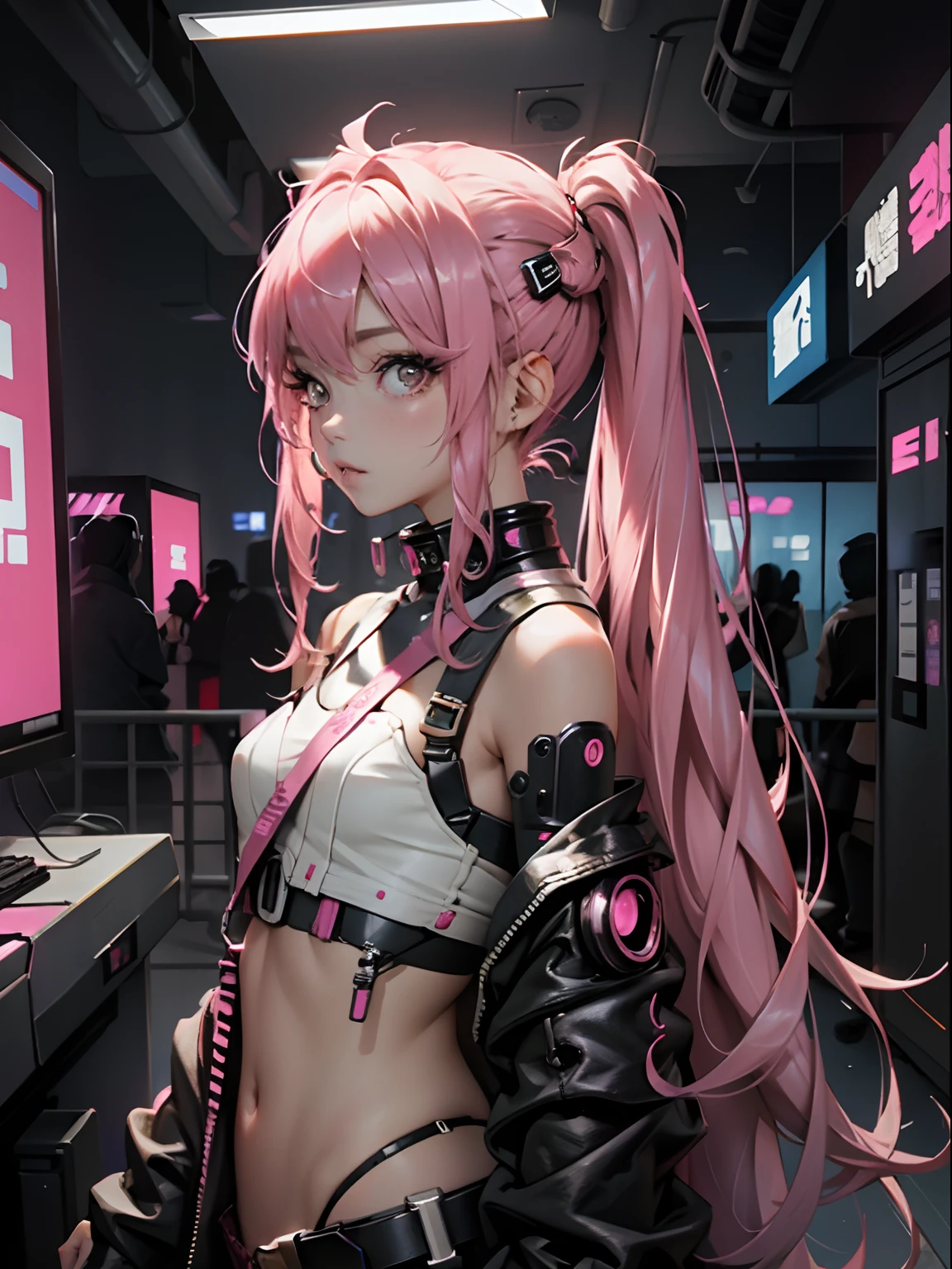 Beautiful woman pink twin tail long hair、cyberpunk style short clothes、gazing at viewer、front facing、