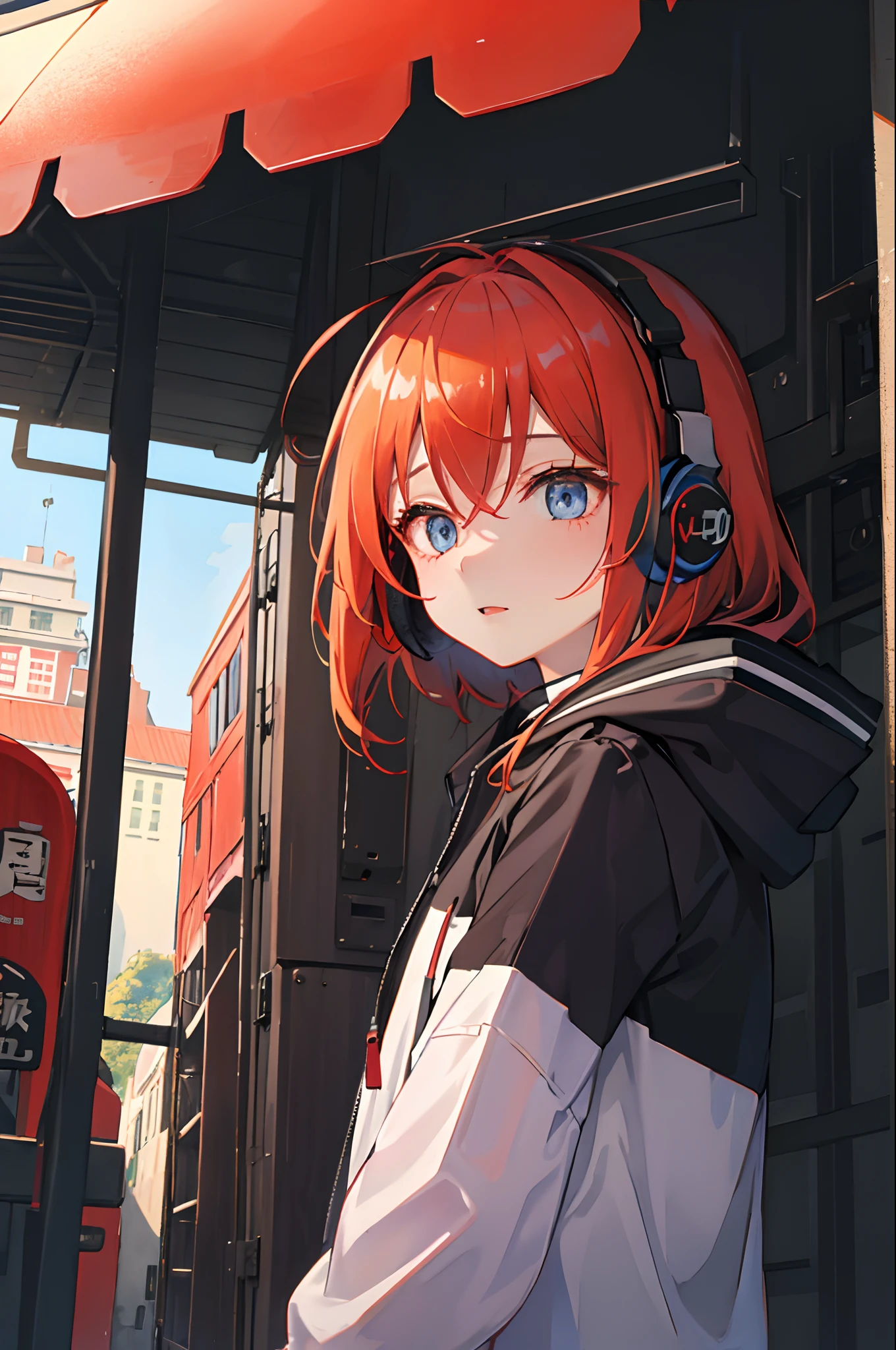 (masuter piece、side lights、ultra-detailliert、inely detailed beautiful eyes: 1.2)、1girl in、bags、buliding、from side、headphones、hoods、hood down、hooded jacket、parka、jaket、Long、orange color hair、profile、redhair、独奏、train、inside of a car、The upper part of the body、masterpiece、top-quality、natta、Scenery、neons