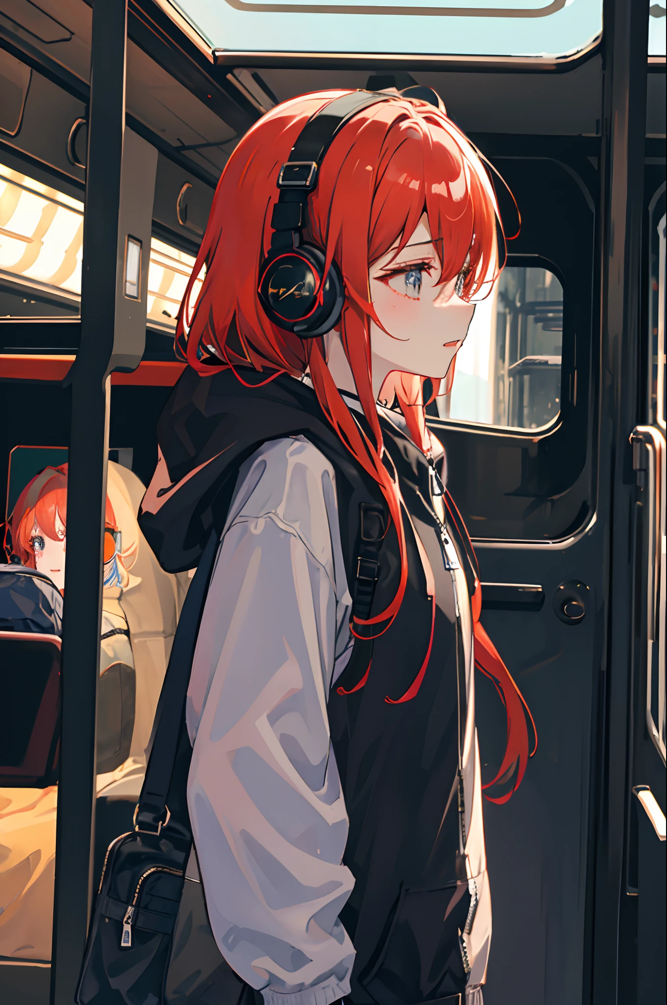 (masuter piece、side lights、ultra-detailliert、inely detailed beautiful eyes: 1.2)、1girl in、bags、buliding、from side、headphones、hoods、hood down、hooded jacket、parka、jaket、Long、orange color hair、profile、redhair、独奏、train、inside of a car、The upper part of the body、​masterpiece、top-quality、natta、Scenery、neons