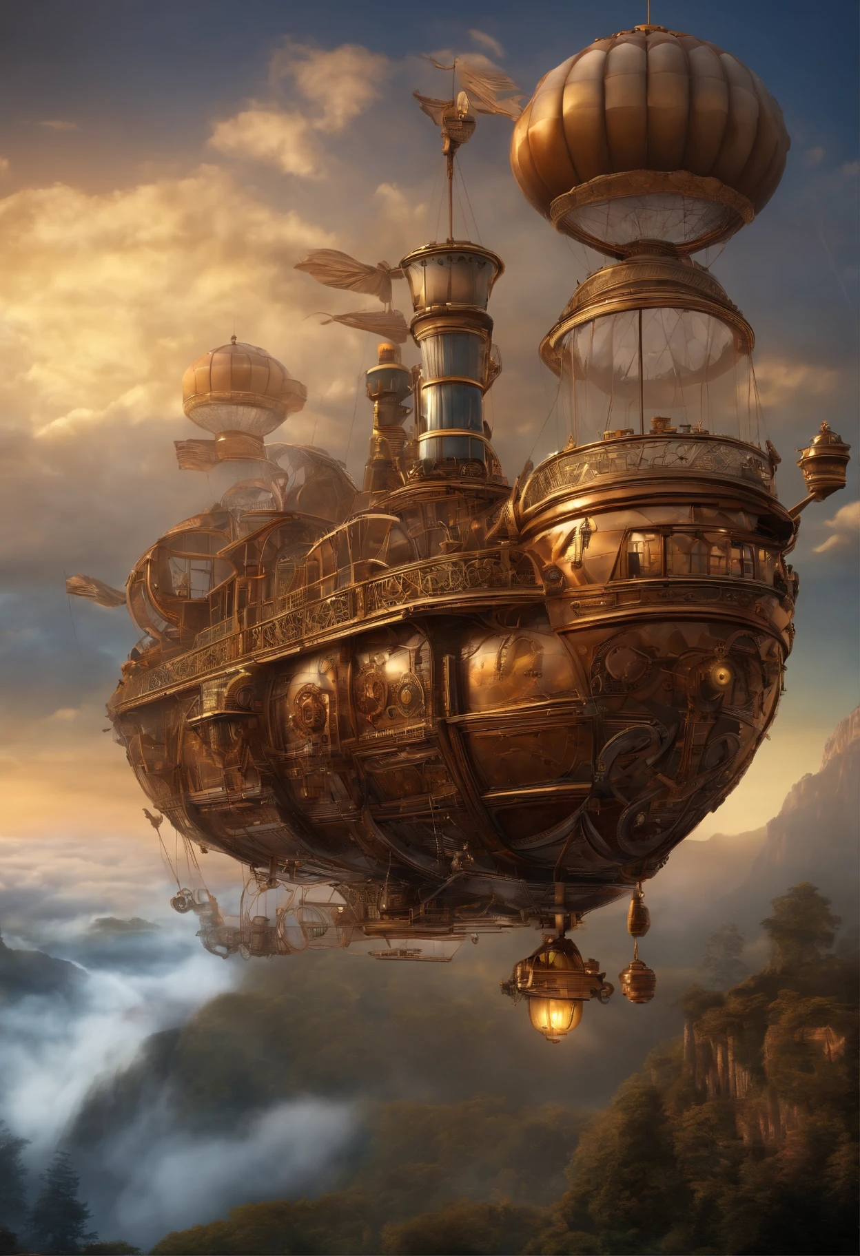 Design an intricate and fantastical steampunk airship, brimming with gears, steam, and adventure