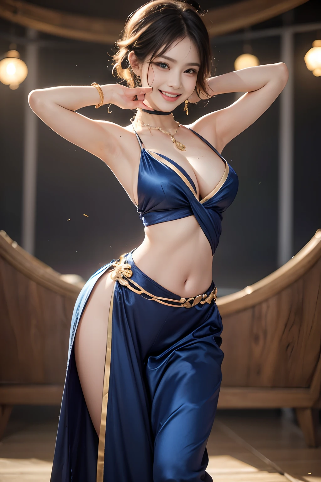 Smile full of happiness、((Looks happy:1.3))、18Old Beautiful Girl、Panting face、Lacking、Sweating、Expression in a state of excitement、short-hair、eye glass、Photorealistic,High resolution,Soft light,1womanl,hips up high, Large breasts, Blue eyes, Expensive jewelry, Elegant and sexy fabric small indigo and gold traditional costume,((Do a sexy dance:1.3))