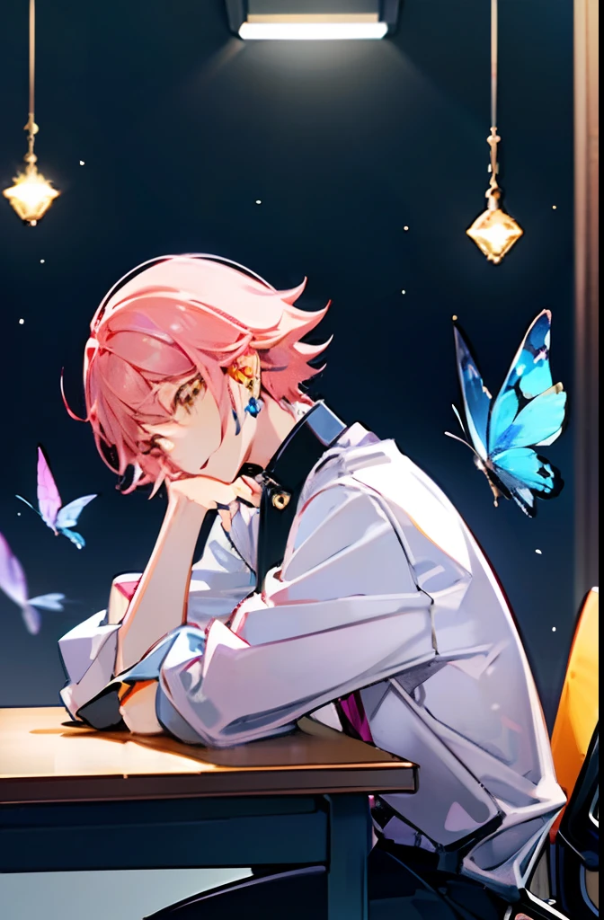 A teenage boy, he has light pink fluffy hair, short hair. He has yellow amber eyes. He has one dangling earring. he is sleeping at a desk at night, there are a lot of pink and blue butterflies flying around. It's night and dark atmosphere.