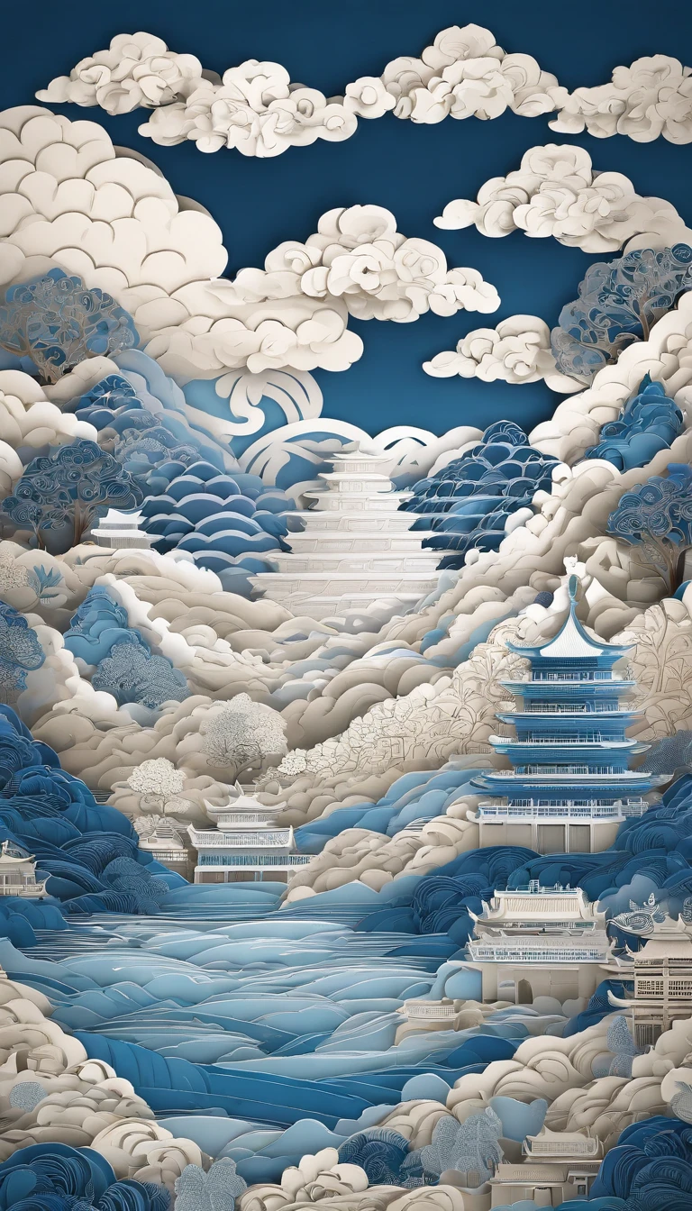 Chinese illustration on blue background, Auspicious clouds, 16k, 。.3D, Pastel, mountain ranges, Many Chinese buildings, ,gardens,mountain water,Sea of clouds,multi dimensional paper quilling, Tunnel composition, Warm light, hyper HD, Elevation perspective,Ultra photo realsisim, morandi color, Exquisite details, Broad perspectives, Epic detail