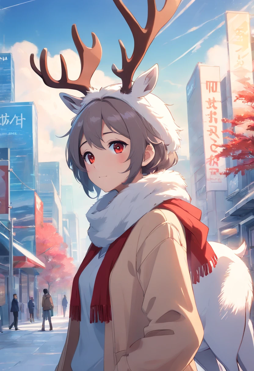 furry, humanoid deer, white deer, red scarf, grey eyes, looking at the sky, full quality