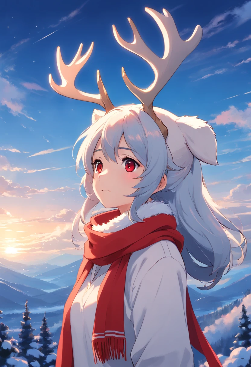 furry, humanoid deer, white deer, red scarf, grey eyes, looking at the sky, full quality