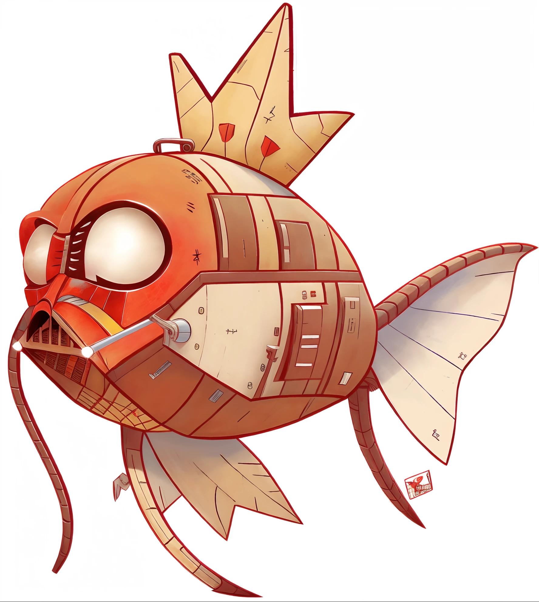 cartoon fish with a crown, fish gills, dragon whiskes, robotic, anthropomorphic warrior fish, ammor fish, danbooru, flying fish, koi, metal gold fin,🚿🗝📝, あかさたなは on twitter, uwu, by Awataguchi Takamitsu, (((high quality))), (heavy armor:1.3), (warrior), (samurai), (((darth vader))), starwars, weapons, spaceship, starship