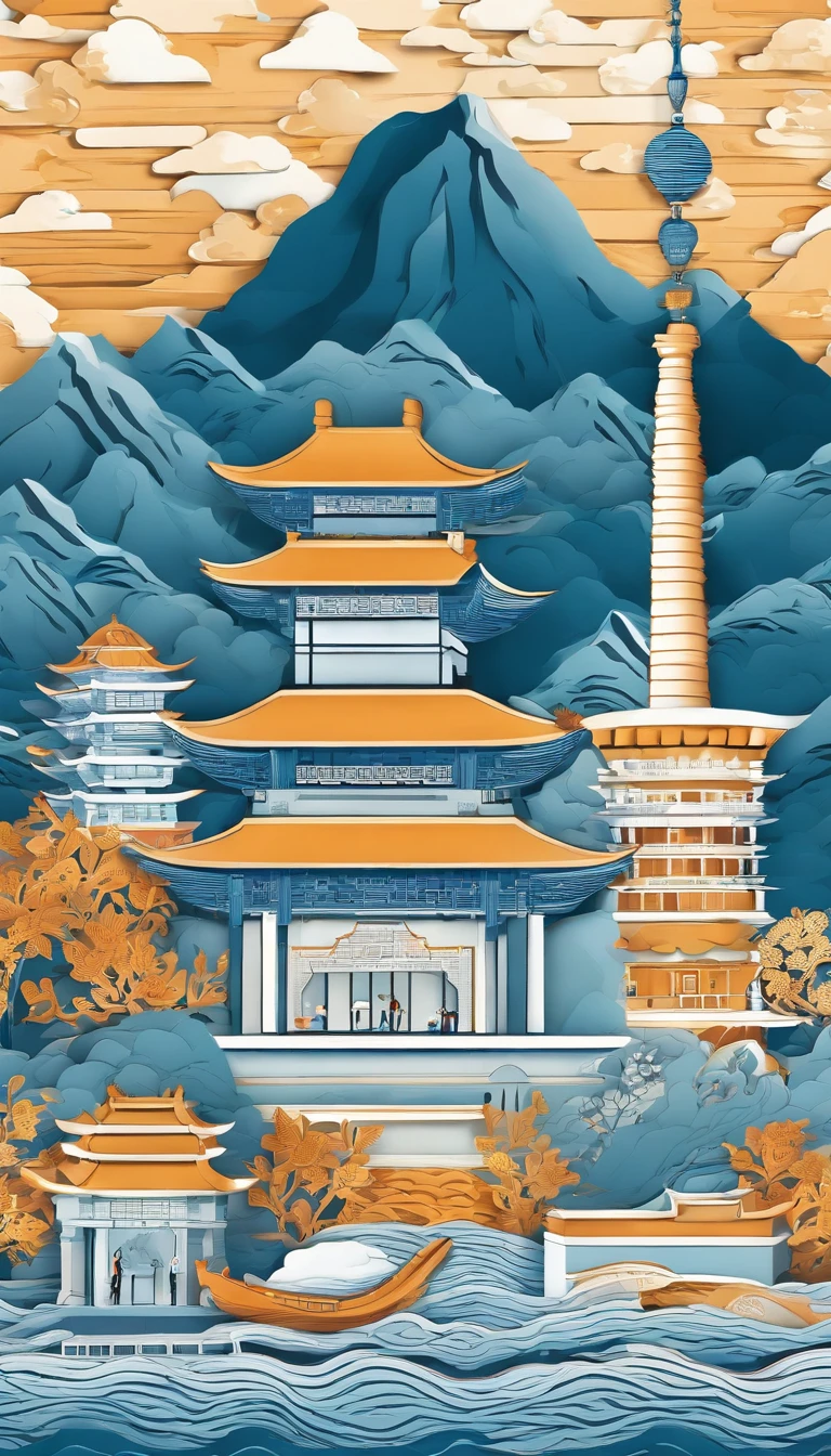 Package cover,Graphic design,Bold lines,Temple of Heaven as seen in the distance,Dark tone,White predominantly,Sunset orange is supplemented,Artistic beauty,Red accents,There are clouds