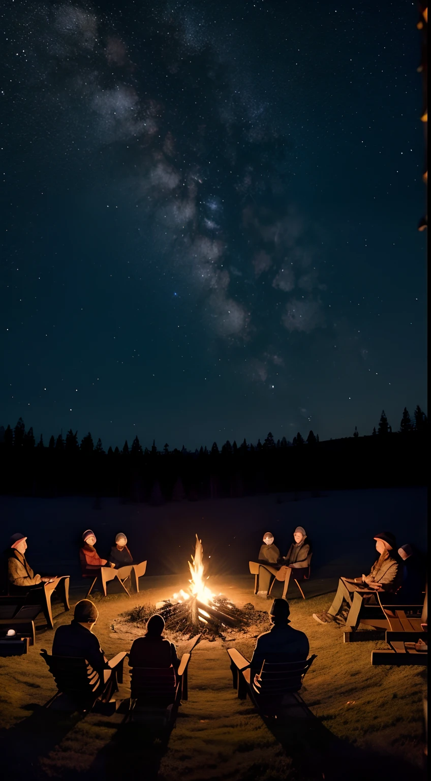A clear, starry night sky stretching over a tranquil landscape. Under the vast sky, a diverse group of people is gathered around a warm and cozy campfire. The light from the campfire illuminates their faces, reflecting expressions of happiness, love and community. They are sharing, enjoying and experiencing moments of harmony and connection. The environment around the group is peaceful, with silhouettes of trees and nature in the twilight, creating a serene and welcoming atmosphere. The focus of the image is on the loving interaction of the group and the warm atmosphere created by the campfire, all under the majestic starry sky that symbolizes the divine presence.
