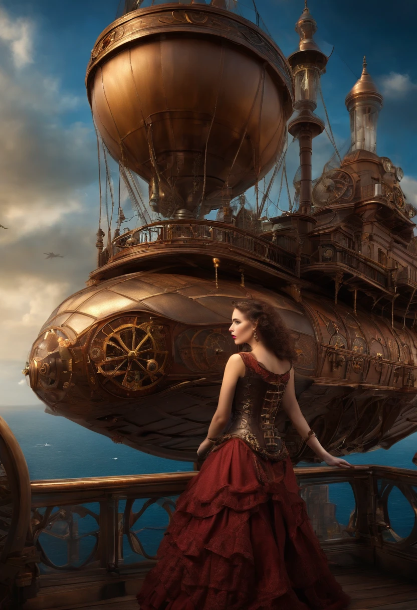 a lovely woman in an elegant dress with exposed breasts, a pug-themed steam-powered servant, piloting a hot air steamship draped with flowers and hearts, steampunk style, (best quality,4k,8k,highres,masterpiece:1.2),ultra-detailed,(realistic,photorealistic,photo-realistic:1.37),intricate details,cinematic lighting,warm color tones,romantic,whimsical,elegant,steampunk machinery,steam power,steam clouds,ornate airship,floral accents,heart-shaped decorations,beautiful detailed eyes,beautiful detailed lips,extremely detailed eyes and face,longeyelashes
