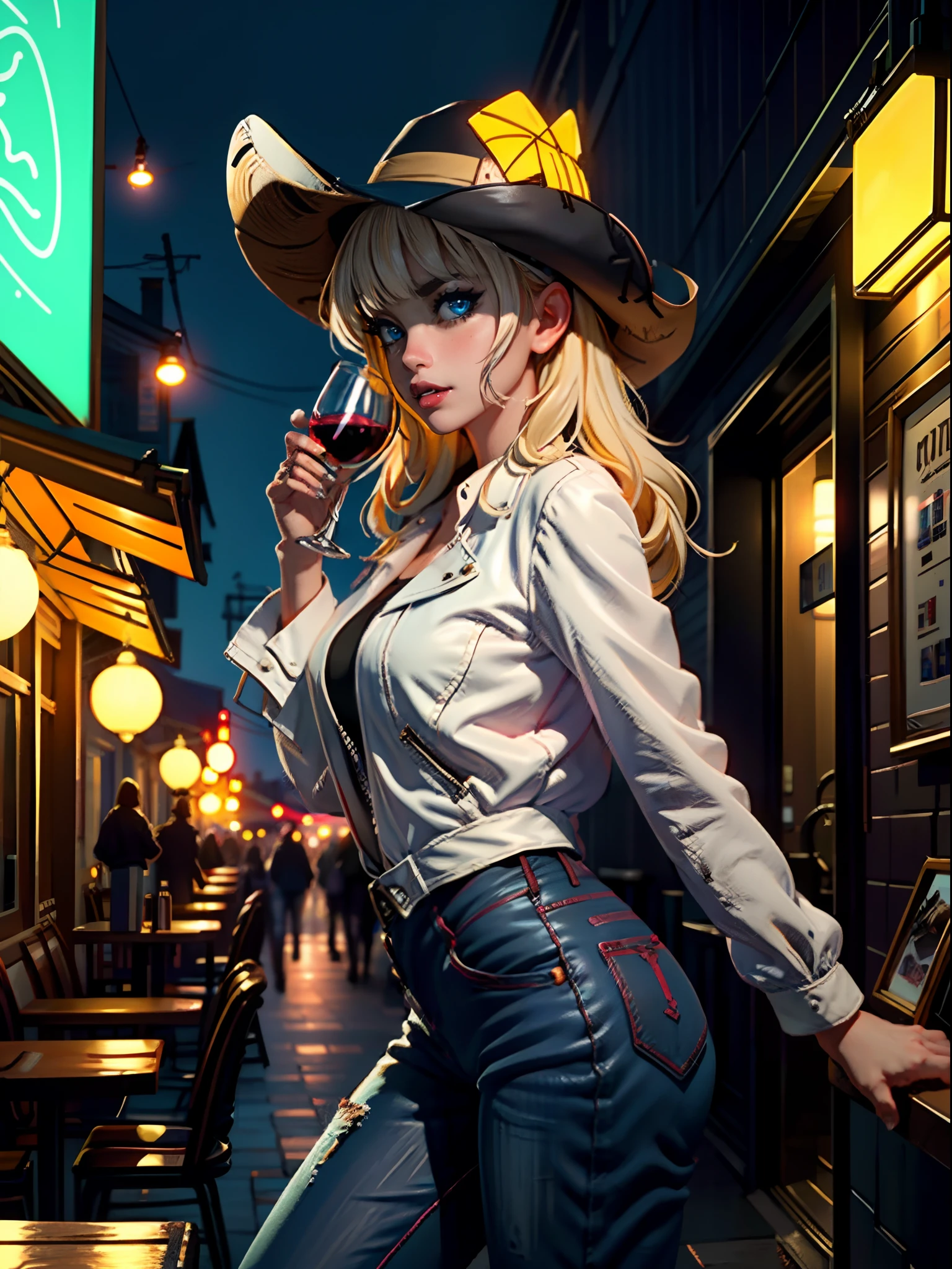 charismatic white banged hair vampire woman dressed like a cowgirl posing for a photo, (cowboy hat), leather jacket, jeans, hair with bangs, by sakimichan, anime figure, gorgeous, beautiful cute face, blue anime eyes, vampire fangs, ((cowboy-shot)) close-up of a girl villain, drinking an wine on a bar at night, action film, detailed, film grain, grainy, gorgeous and sensual, realistic shadows and lighting, neon lights, glowing lights, country music, party night