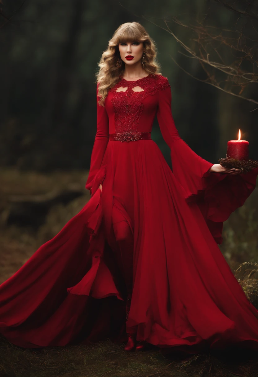 Create a young blonde haired blue eyed Lannister woman in a large burgundy dress with a hidden cloak at night walking with a candle through the castle