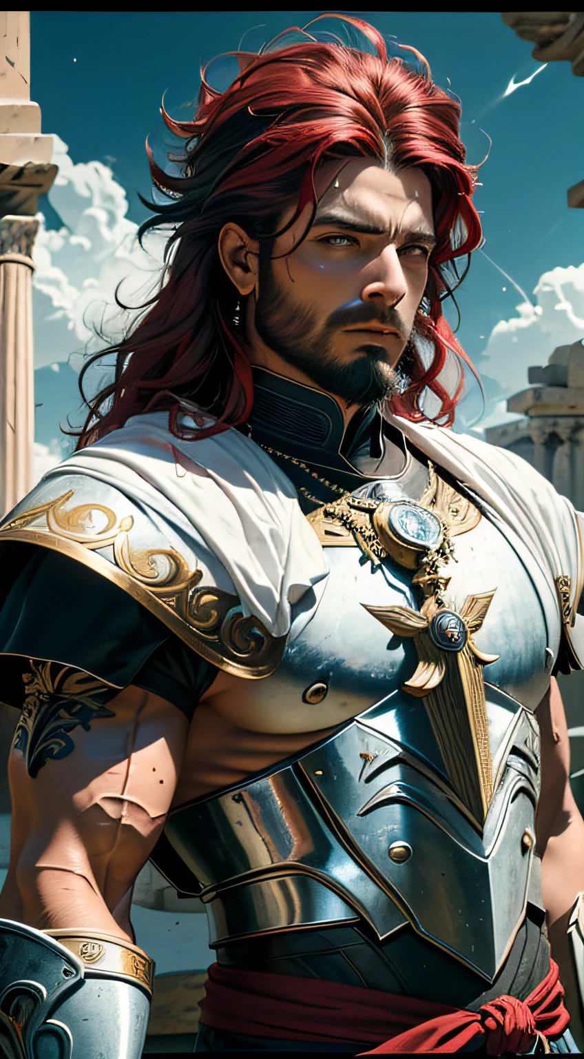 cheveux multicolores, ruban de cheveux, surrealism, lighting cinematic, gros plan, UHD, High Details, Masterpiece Greek gods, solo, 8k, lune rouge, blanc et noir, muscular male, guerrier sayann, hyper résolucion, light on his face, Heraldic Possess