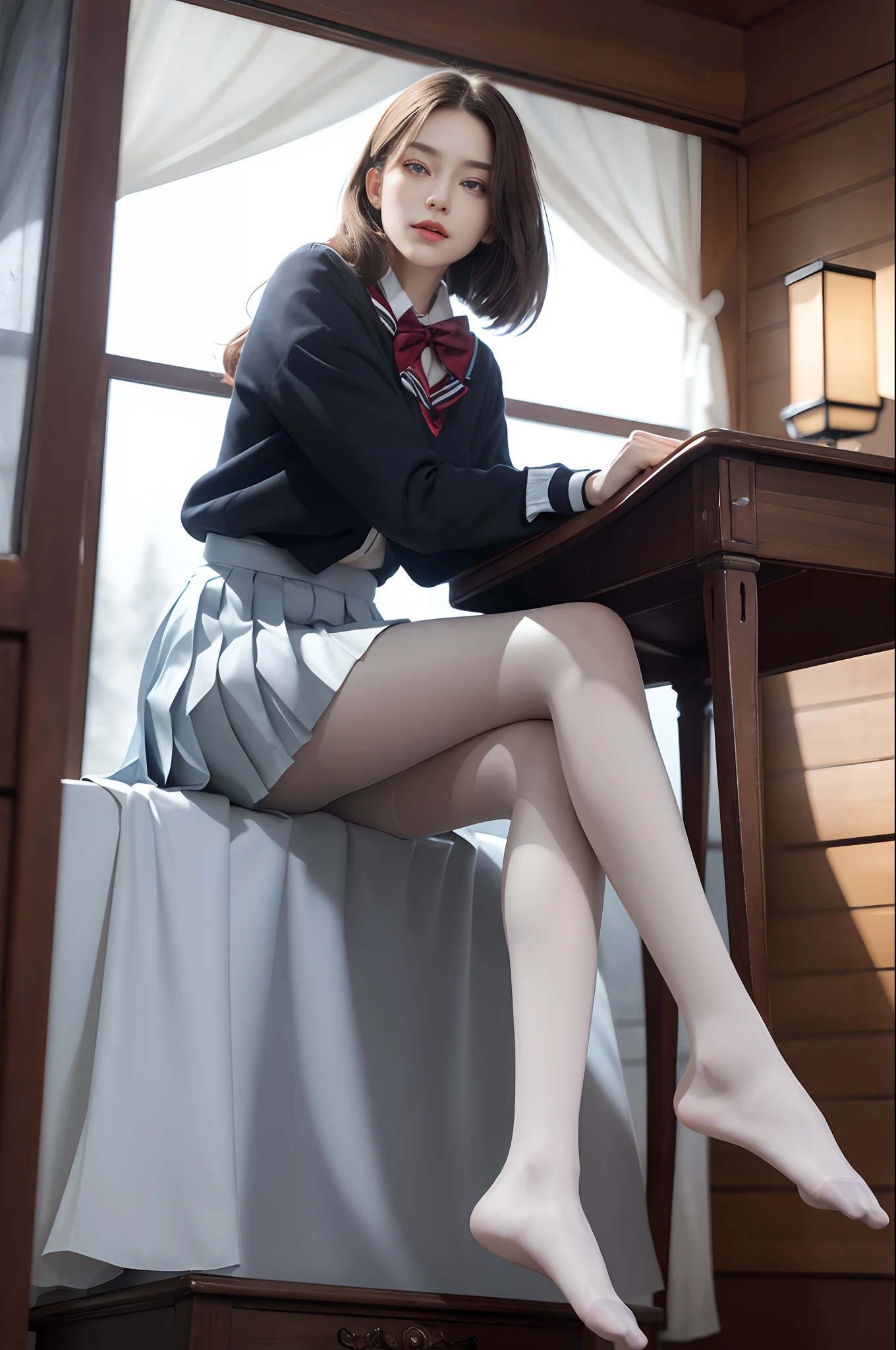ultra realistic 8k cg, picture-perfect face, flawless, clean, masterpiece, professional artwork, famous artwork, perfect face, beautiful face, beautiful eyes, ((perfect female body)), solo, (immersive atmosphere, chiaroscuro:1.5, bright light:1.2, luminous lighting), showing a delicate slim figure and graceful curves, (beautiful long legs:1.3), (blush:0.5),seductive expression, extremely detailed_eyes, thick thighs, large breasts,
beautifully detailed background, depth of field, realistic:1.3, long shot, 1girl, shirt, pleated skirt, school uniform, sitting, full body,
(ambient light:1.3), (cinematic composition:1.3), (neon lights:0.1), (HDR:0.1), Accent Lighting, white pantyhose,
