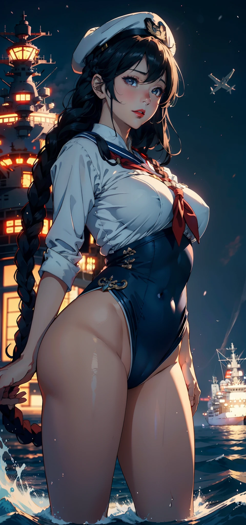 1female,35yo,plumw,extremely large bosom,Big breasts Thin waist,Long legs, 独奏,(Background with:aircraft carrier,Mare,airships,warships),legs are open,, with his long black hair,Twist braids,Stand on a warship,seen from the front, , mostly cloudy sky,(((tmasterpiece),(Very detailed CG unity 8K wallpaper),best qualtiy,cinmatic lighting,detailed back ground,beatiful detailed eyes,Bright pupils,Black eyes,Snow-whiteskin,Redlip(Very fine and beautiful),(Beautiful and detailed eye description),ultra - detailed,tmasterpiece,))facing at camera,A high resolution,ultra - detailed), Bulge,legs are open,Raised sexy,Camel toes,Flushed complexion,Desire for dissatisfaction,frontage,Chinese Navy,Blue and white sailor suit,Sailor's cap,Red five-pointed star logo