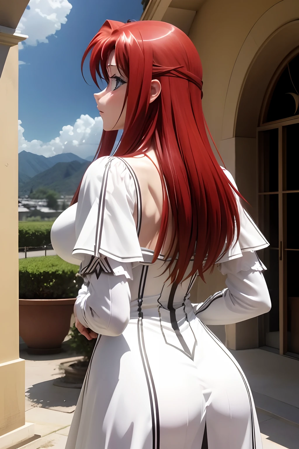 Rias Gremory dressed as an angel, Angel costume, angel costume, alas, angel wings, vestido blanco, cielo soleado, aureola, mirando al espectador,