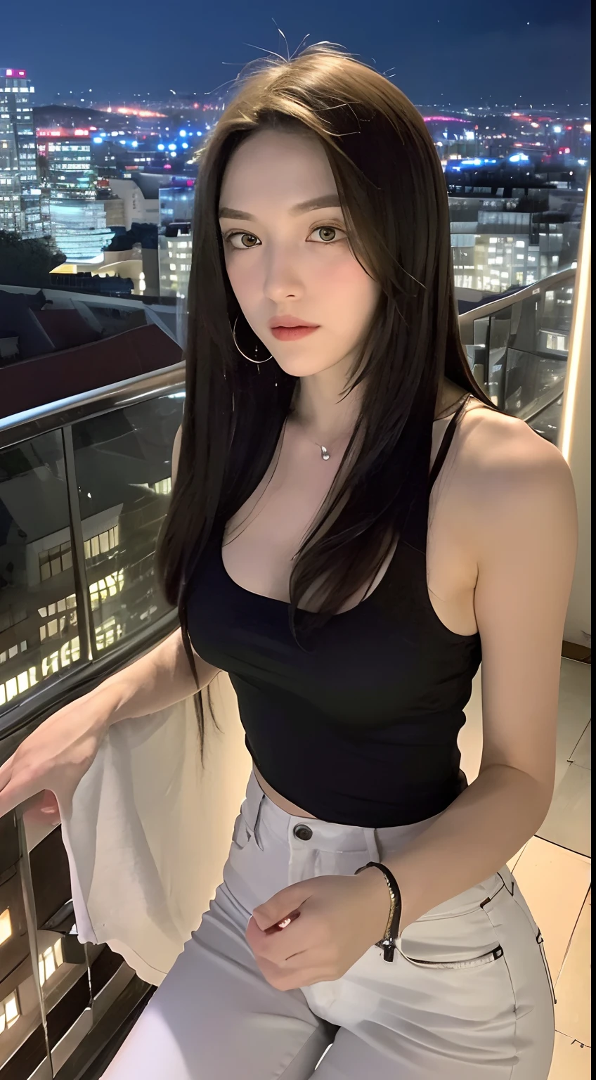 young girl, big , beautiful eyes, perfect beauty, messy hair, white skin, pale skin, textured skin, pale lips, big breast, ((black tshirt)), ((in the hotel rooftop)), ((showed her back and ass)), beautiful eyes, beautiful face, perfect body, perfect face, realistic, ultra realistic, ((seductive poses)), dynamic poses