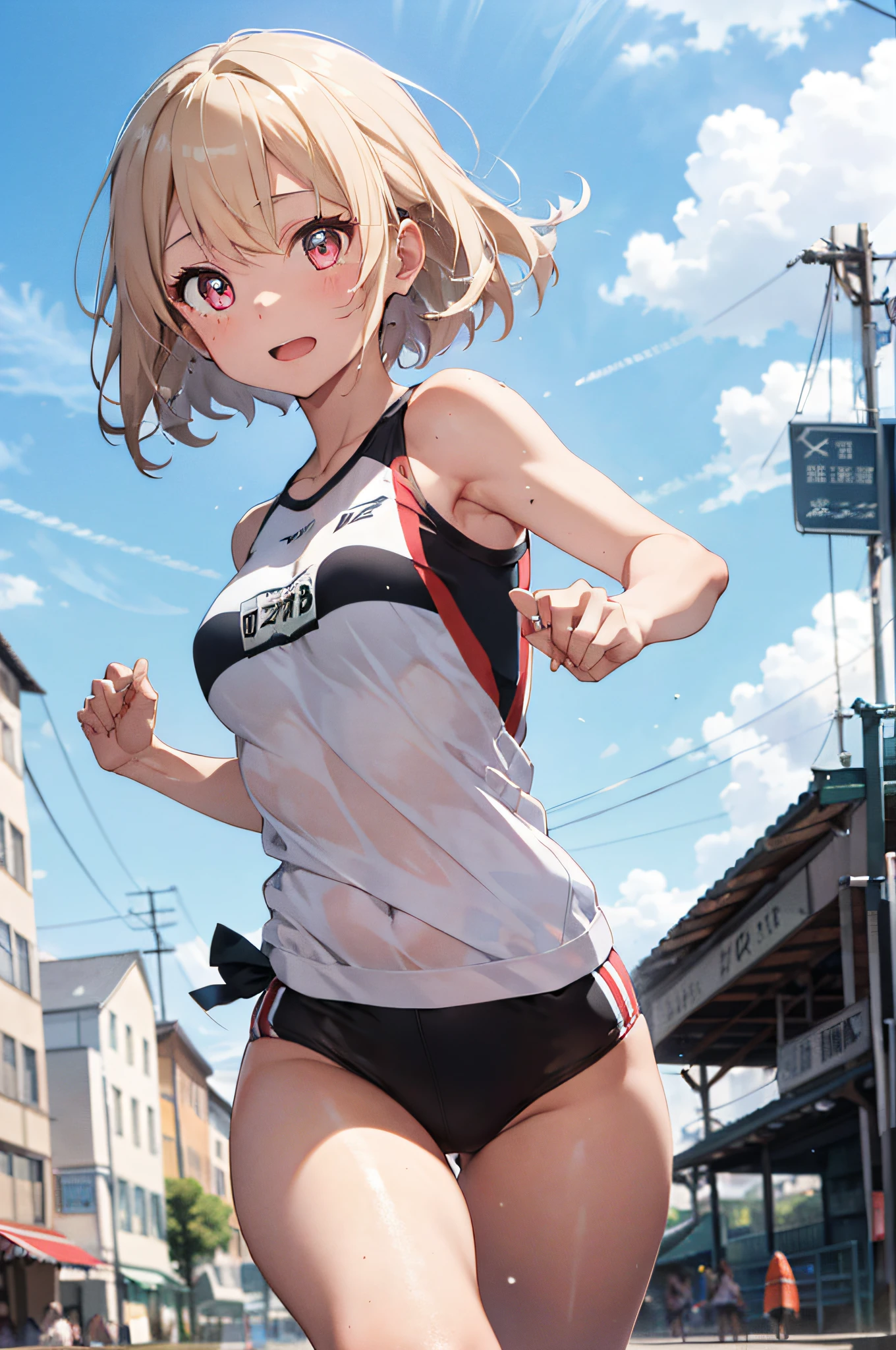 (top-quality、in 8K、32K、masterpiece、nffsw、超A high resolution、Impresionismo、Photorealsitic:1.2)、Angle from above、High angle、cowboy shot、foco nítido、detailed faces and eyes、school ground、athletic field、Evening glow、beauitful face、blurry backround、16-year-old beautiful girl、shinny skin、Sharp pupils、Realistic pupils、Full body, school ground、beauitful face、blurry backround、18 year old beautiful girl、shinny skin、short-hair、Platinum blonde beautiful hair、Red Eyes、(Athletics Costumes、Running:1.3)、thighs thighs thighs thighs、Curve、Dynamic Poses、Navel Ejection、wetted skin、wetting hair、Powerful composition