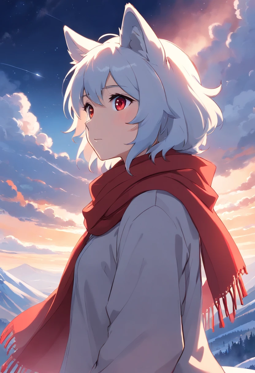 furry, humanoid wolf, white wolf, red scarf, grey eyes, looking at the sky, full quality