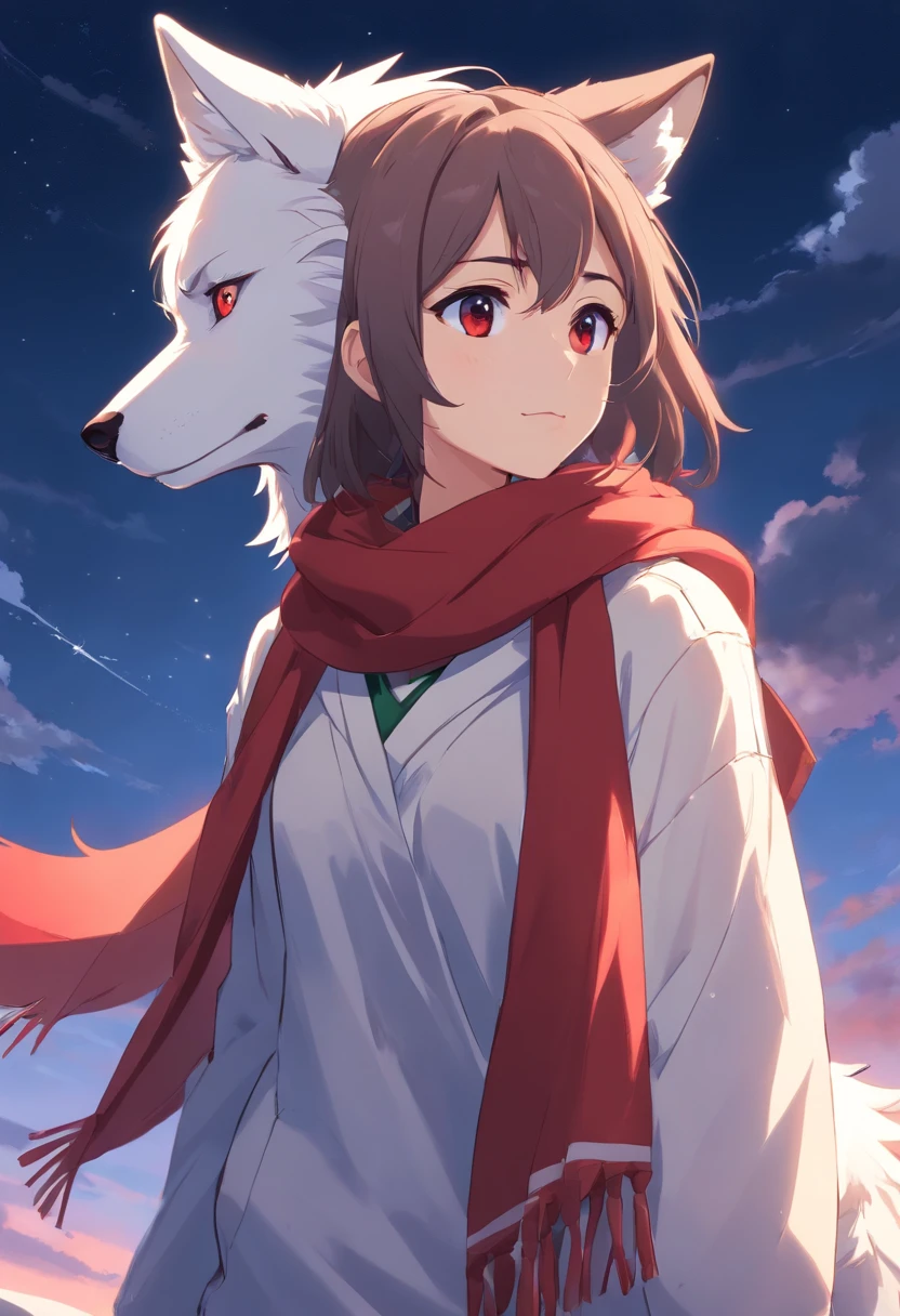 furry, humanoid wolf, white wolf, red scarf, grey eyes, looking at the sky, full quality