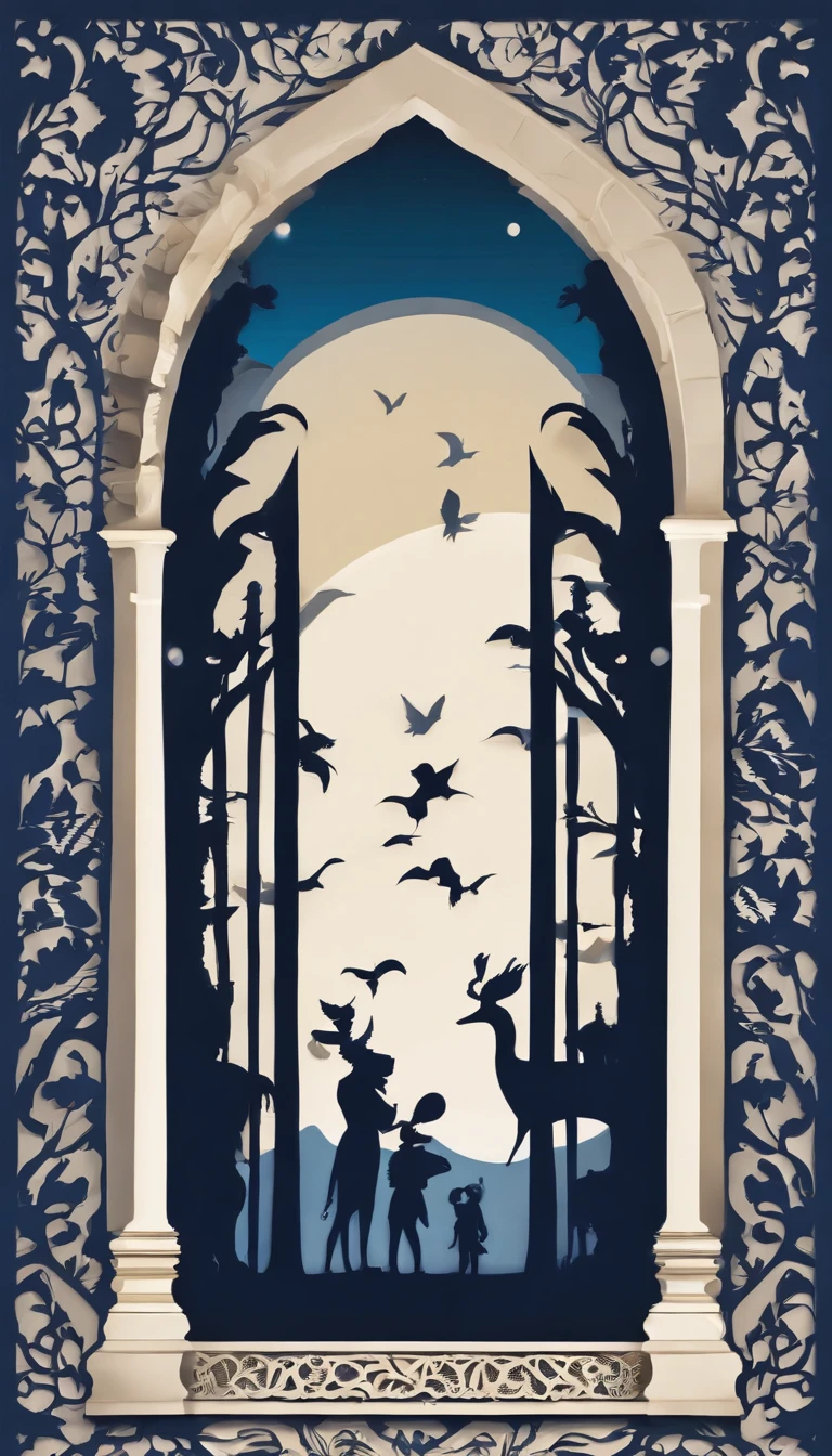silhouettes of distant mysterious beings seen through a bedroom window at dusk, walls in dark blue tones