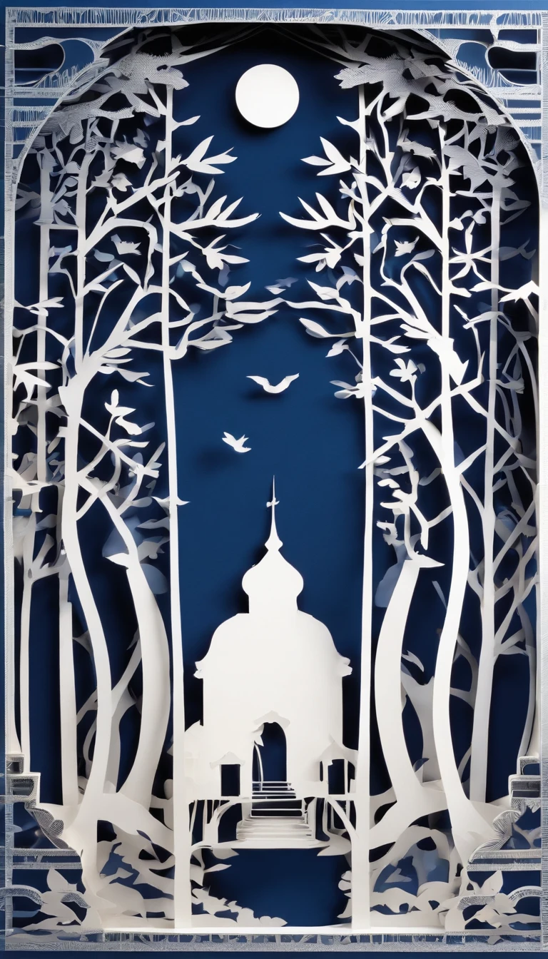silhouettes of distant mysterious beings seen through a bedroom window at dusk, walls in dark blue tones