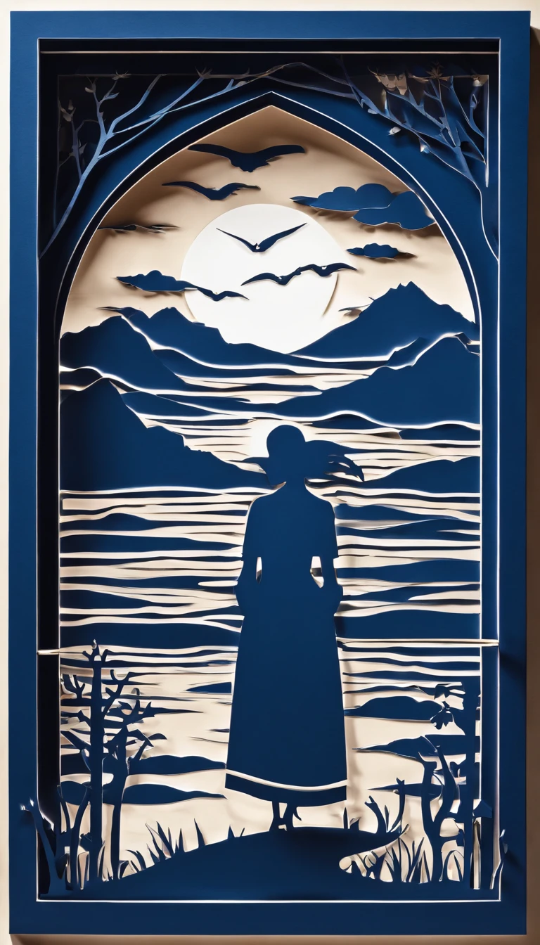 silhouettes of distant mysterious beings seen through a bedroom window at dusk, walls in dark blue tones