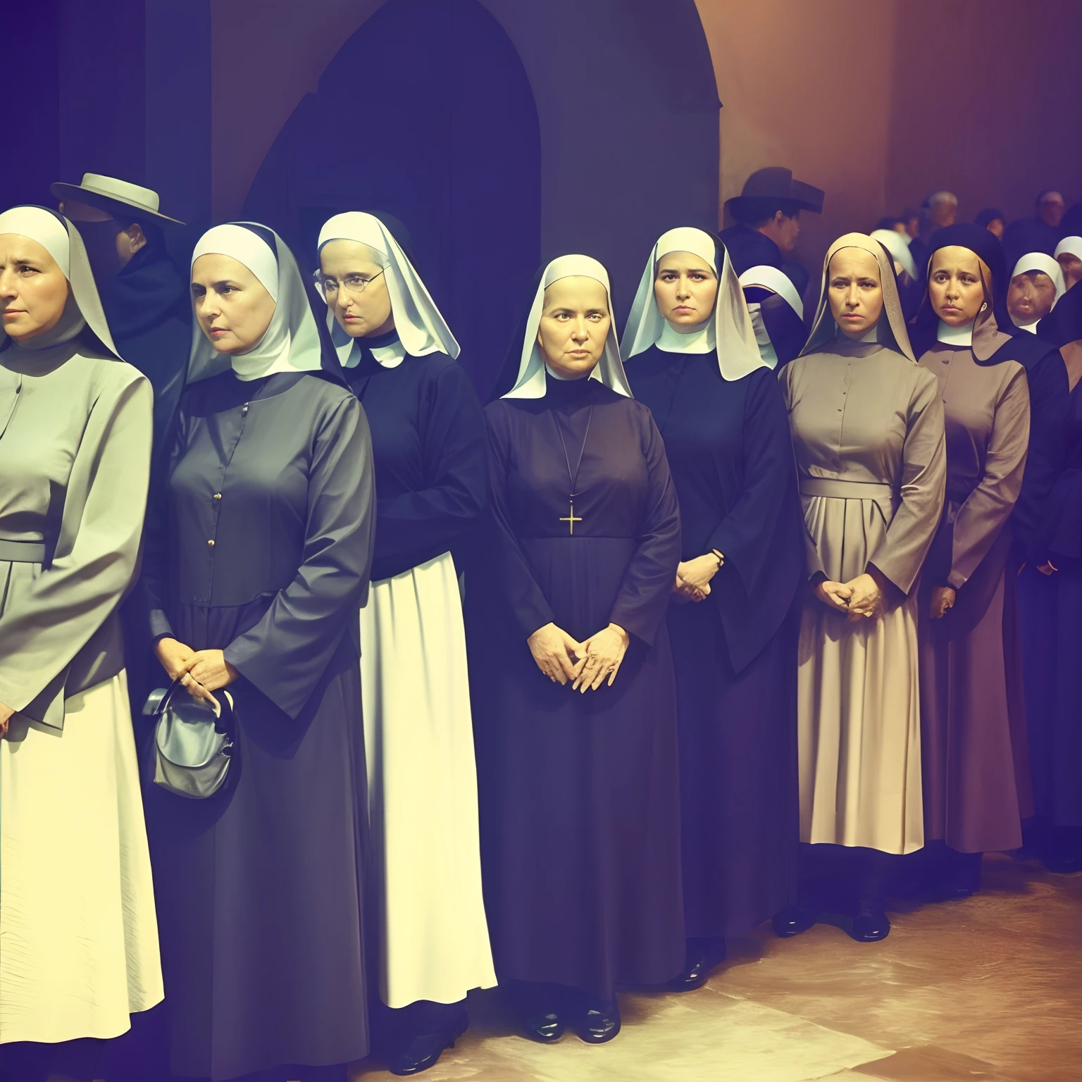 Several women in nuns stand in a line in front of a crowd, Directed by: Marina Abramović, Directed by: Artur Tarnowski, cena de supplizia, [ arte digital, cena de um filme 1 9 7 3, historical image, colorido, Directed by: Elsa Bleda, Fotografia colorida dos anos 1960, fotografia colorida antiga, in a row