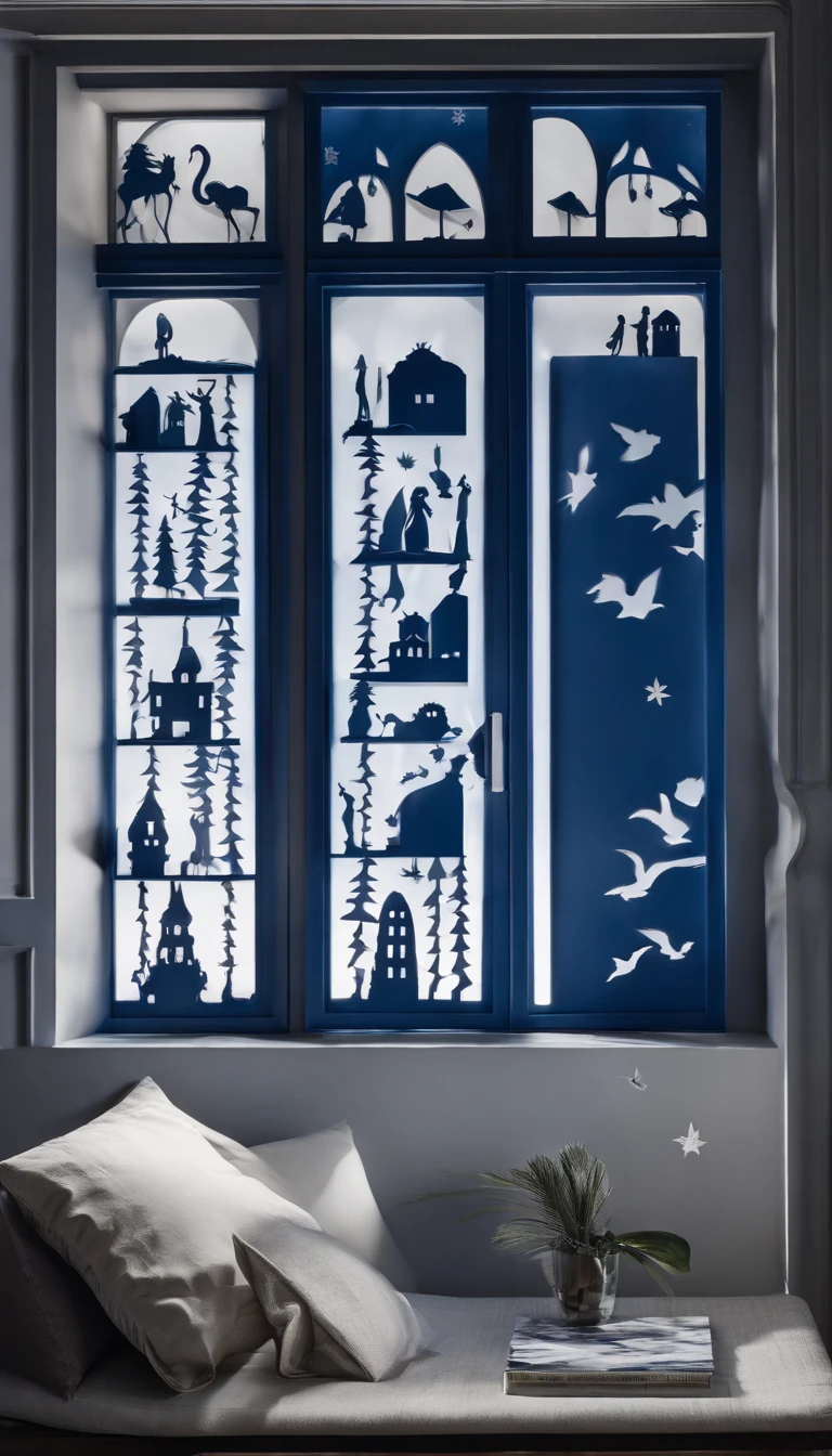 silhouettes of distant mysterious beings seen through a bedroom window at dusk, walls in dark blue tones