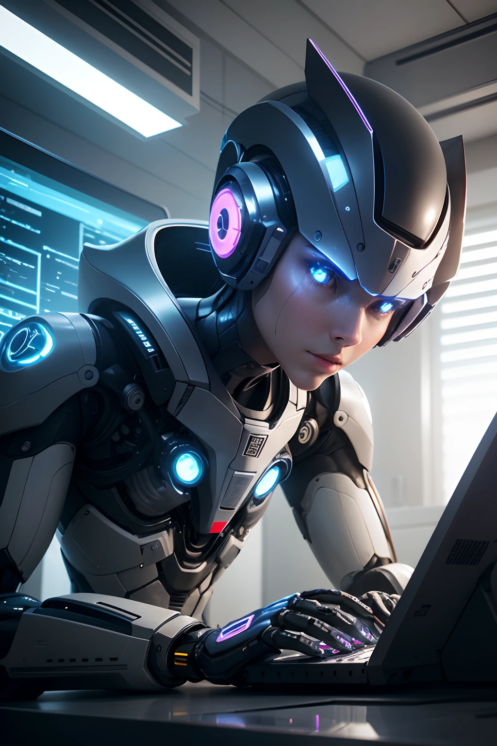 Por favor, Create an ultra-realistic image of a robot operating a computer to meticulous perfection. The robot should be represented in incredible detail, with a highly sophisticated and realistic appearance, similar to an authentic advanced robot. Your body should be full of precise mechanical details, highlighting its complexity and technological sophistication. The robot is sitting in front of the computer, with nimble mechanical fingers touching the keyboard with impressive precision. The lighting should highlight every detail of the robot and the technological environment, creating a futuristic and technologically advanced atmosphere. The image should convey the idea of a perfectly designed and masterfully operated machine.