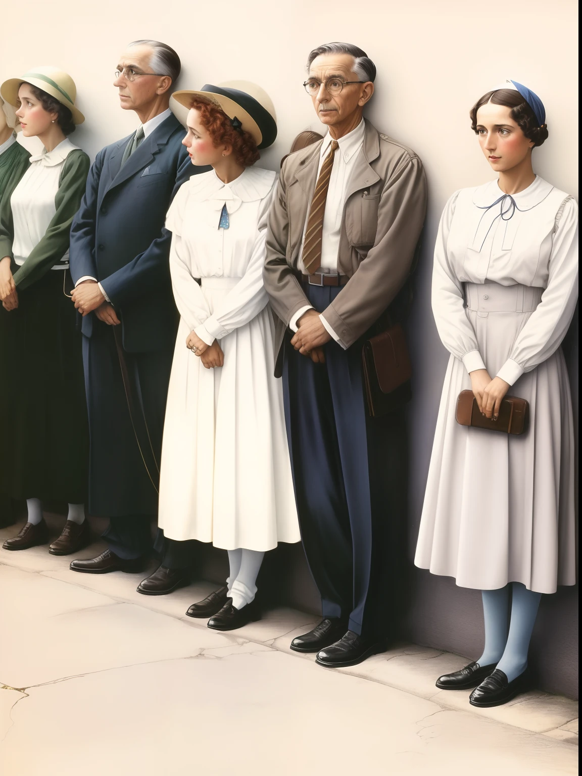 There is a group of people next to each other, colorido, colorido, Estilo Norman Rockwell, No estilo de Norman Rockwell, mariposa franca, Erwin Olavo, modestamente vestido, inspirado em Julius Klinger, colorido, vestido como nos anos 1940, in a row, each wearing correct era clothes