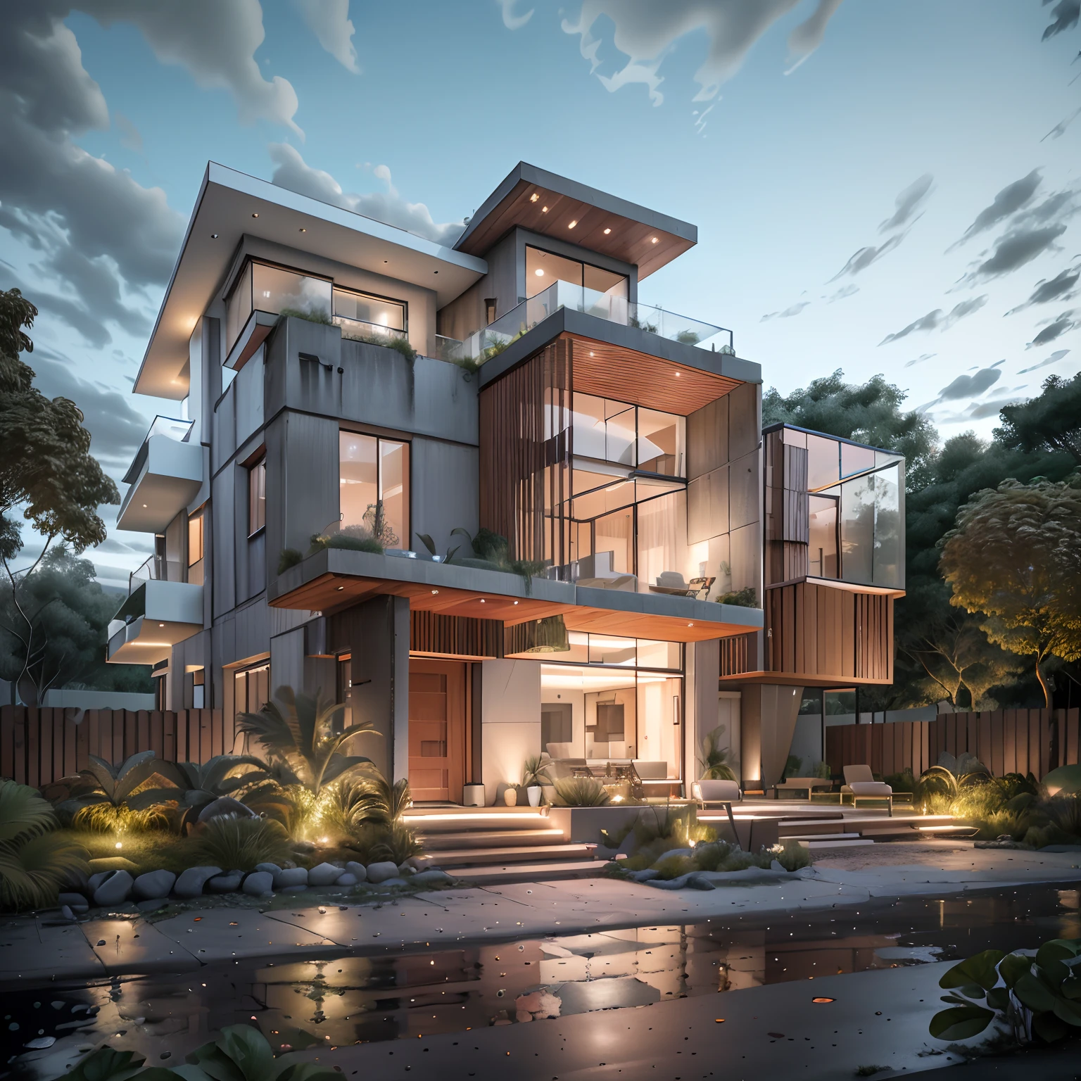 Bauhaus style house, glass and concrete house with a sloping roof, modern, dynamic (RAW photo, real, best quality, masterpiece:1.2), (hyper realistic, photo-realistic:1.2), high quality, (dark lighting:1.2), perfect lighting, archdaily