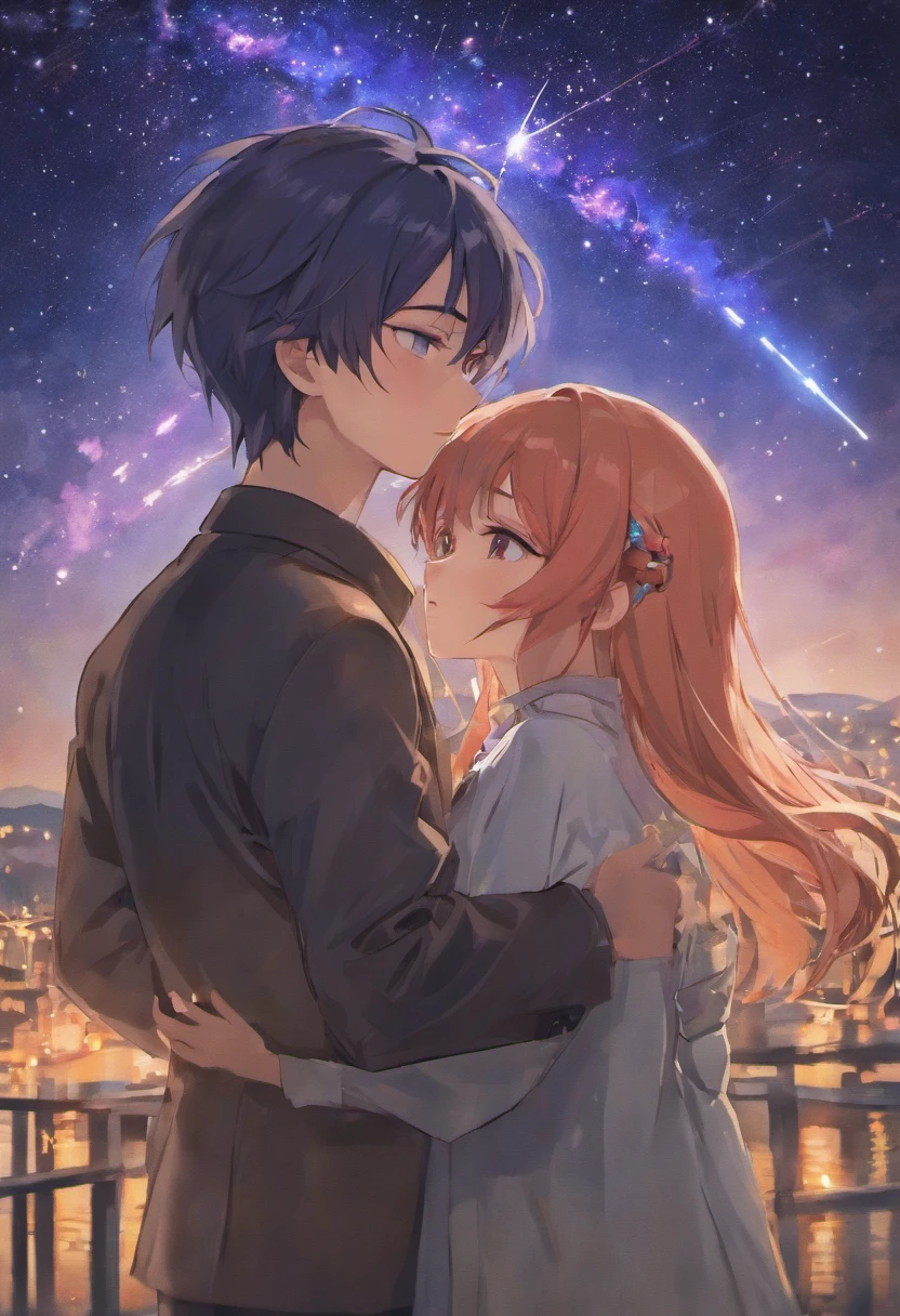 As night fell,Luz suave das estrelas brilha sobre os dois amantes,They kissed romantically under the bright starry sky, homem coreano de cabelos pretos curtos, mulher coreana cabelos negros longos, meiga, doce