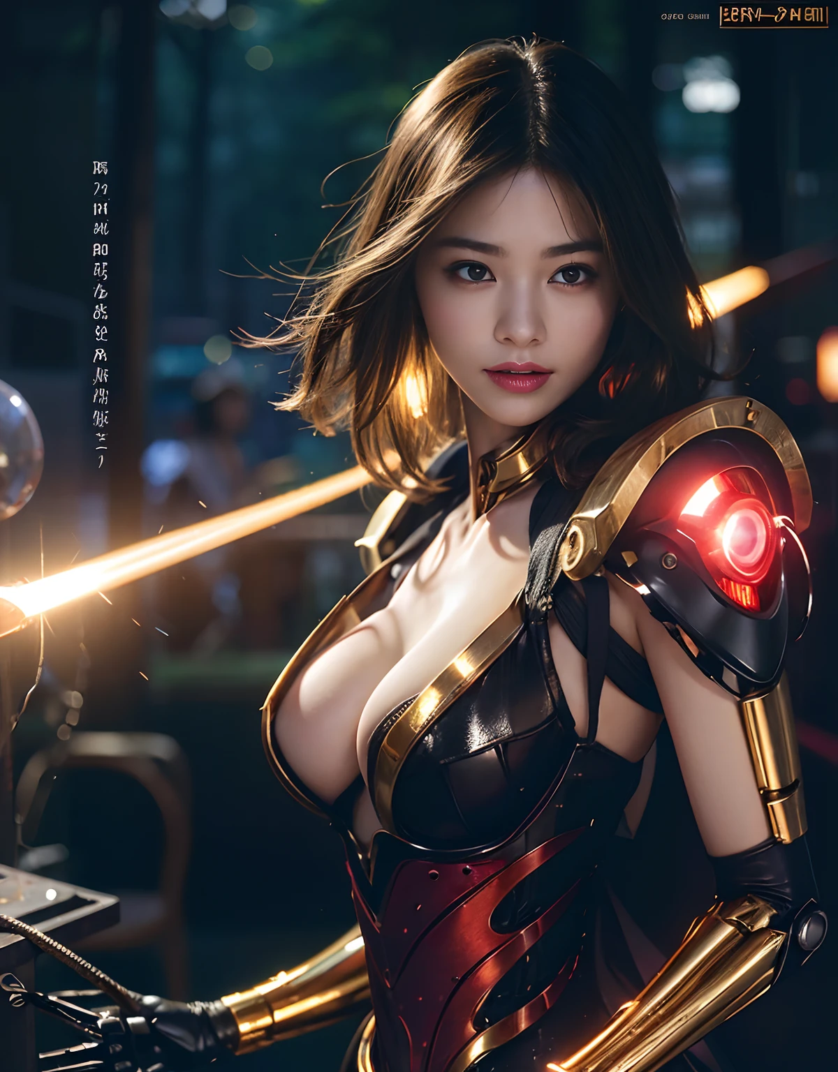 (1 Mechanical Girl)、top-quality、​masterpiece、超A high resolution、(Photorealsitic:1.4)、Raw photo、女の子1人、Golden hair、glowy skin、(((1 Mechanical Girl)))、With a beautiful knife、（Gold Metal Bodysuit）、(beautiful forest background)、(Fighting Demonic Beasts)、(Small LED)、((super realistic details))、portlate、globalillumination、Shadow、octan render、8K、ultrasharp、Colossal tits、Raw skin is exposed in cleavage、metals、Details of complex ornaments、Japan details、highly intricate detail、Realistic light、CGSoation Trends、Red Eyes、radiant eyes、Facing the camera、neon details、(Mechanical limbs)、(blood vessels connected to tubes)、Mechanical vertebrae attached to the back、mechanical cervical attaching to neck、(Wires and cables connecting to the head)、Gundam、Small LED、,Mechanical thighs、Toostock、（Hands are also made of machines）、