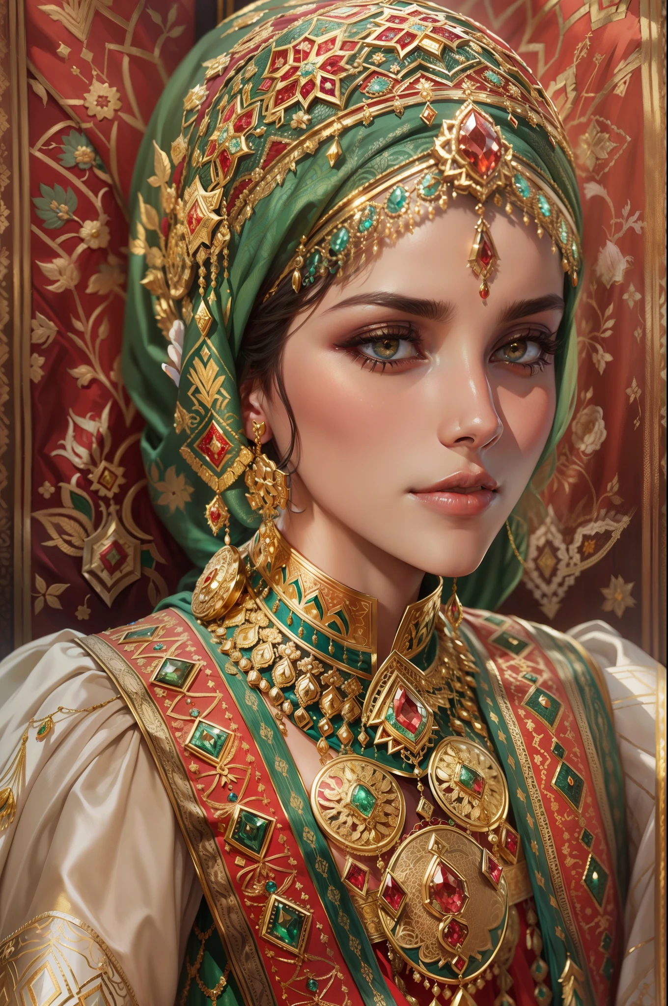 1 Ottoman Hasseki woman, golden jewelery, Ancient Ottoman Empire, shiny fabrics, Embroidery, Masterpiece, portraite of a, a close up of a, Pedras preciosas, In the background，You can see the garden of the Turkish palace, Radiance, Shiny pollen, ellegance, filigree, Cinematic, 4K