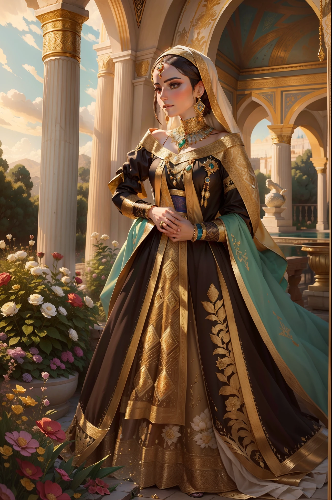 1 Ottoman Hasseki woman, golden jewelery, Ancient Ottoman Empire, shiny fabrics, Embroidery, Masterpiece, portraite of a, a close up of a, Pedras preciosas, In the background，You can see the garden of the Turkish palace, Radiance, Shiny pollen, ellegance, filigree, Cinematic, 4K