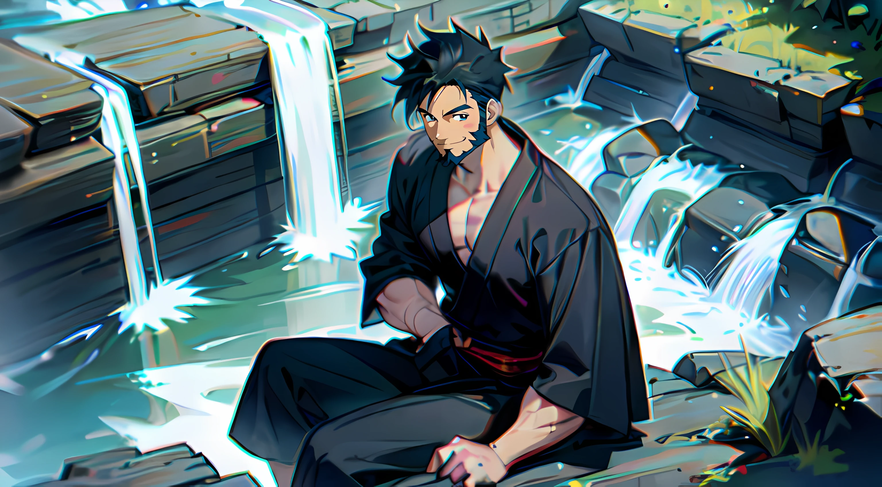 um alto, cara muito masculino, com curta, cabelo preto espetado, very muscular, with muscles showing, in a black kimono showing his arms, sorrindo calorosamente, em uma cachoeira ao lado dele, Sit back and watch someone, at an angle from above, com uma bela barba. sorrindo calorosamente.